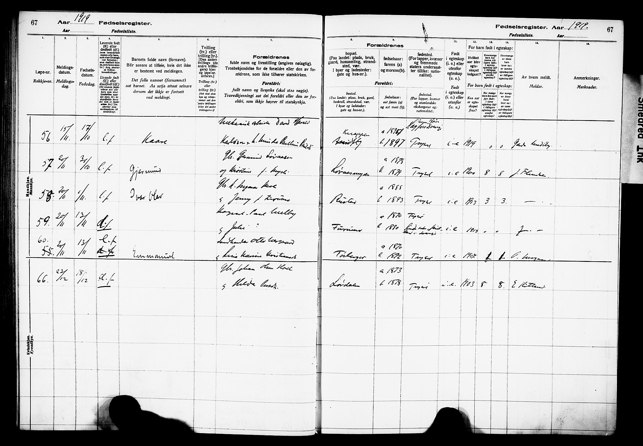 Trysil prestekontor, AV/SAH-PREST-046/I/Id/Ida/L0001: Fødselsregister nr. I 1, 1916-1927, s. 67