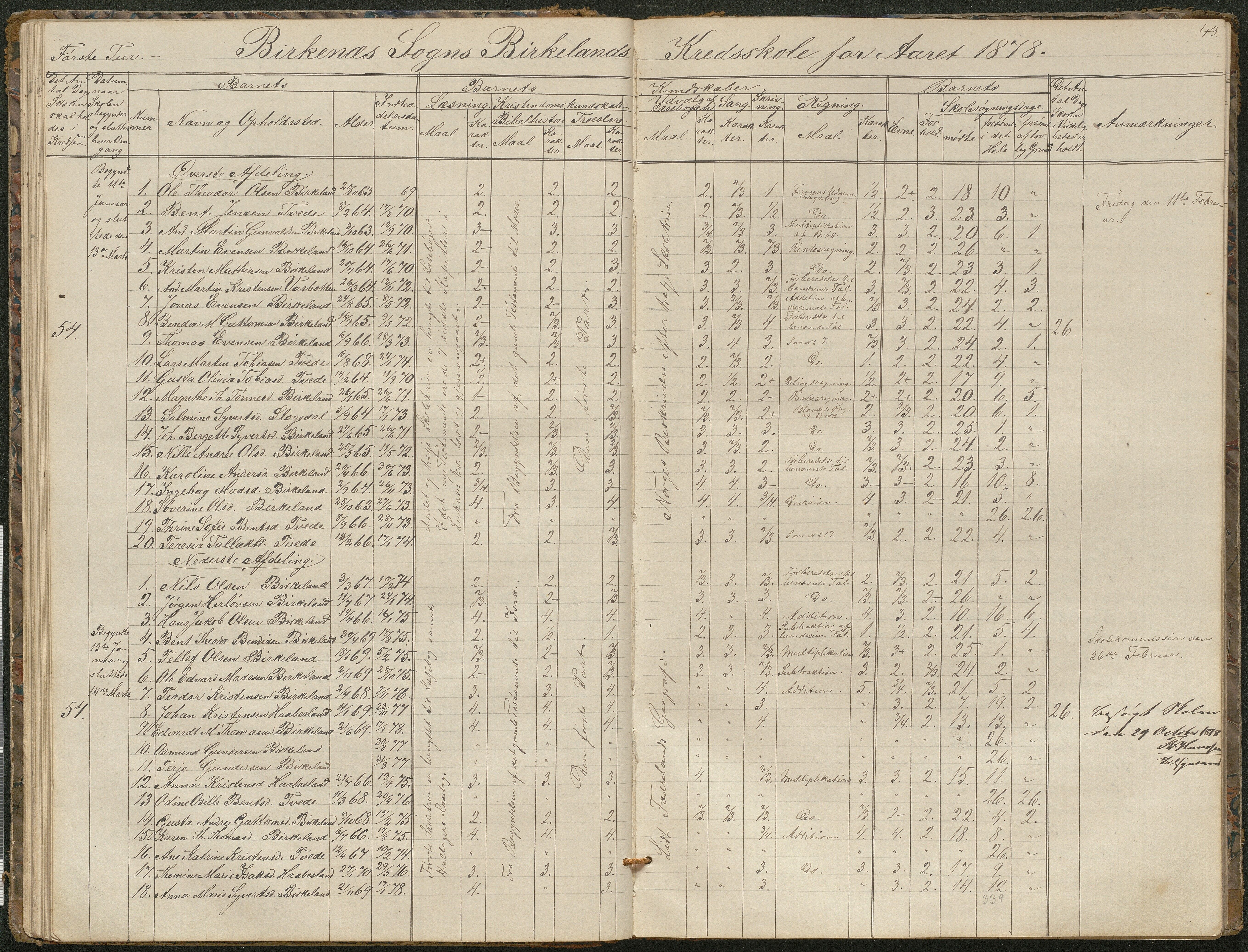 Birkenes kommune, Birkenes krets/Birkeland folkeskole frem til 1991, AAKS/KA0928-550a_91/F02/L0001: Skoleprotokoll, 1862-1896, s. 43