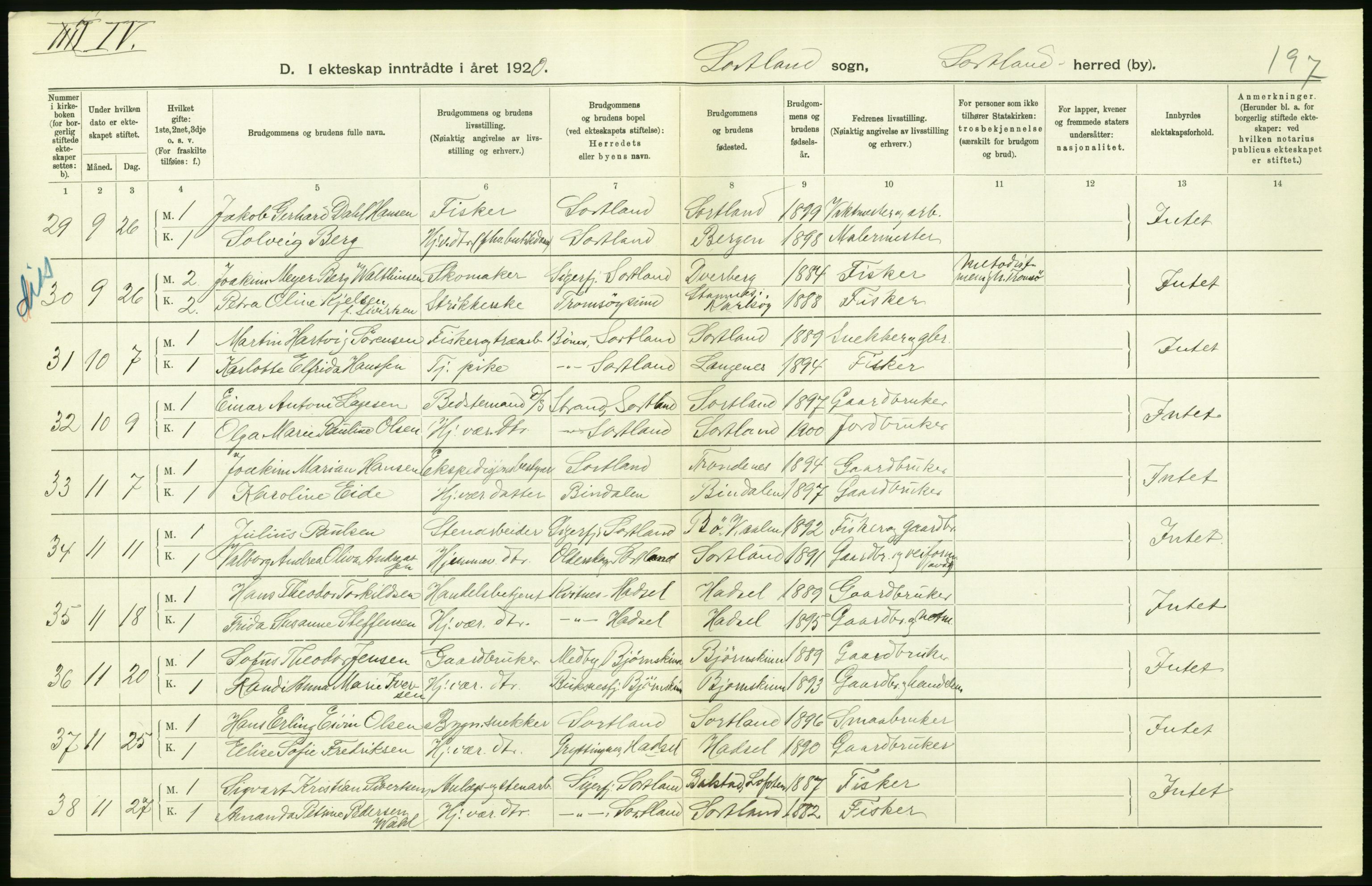 Statistisk sentralbyrå, Sosiodemografiske emner, Befolkning, AV/RA-S-2228/D/Df/Dfb/Dfbj/L0057: Nordland fylke: Gifte, dødfødte. Bygder og byer., 1920, s. 292