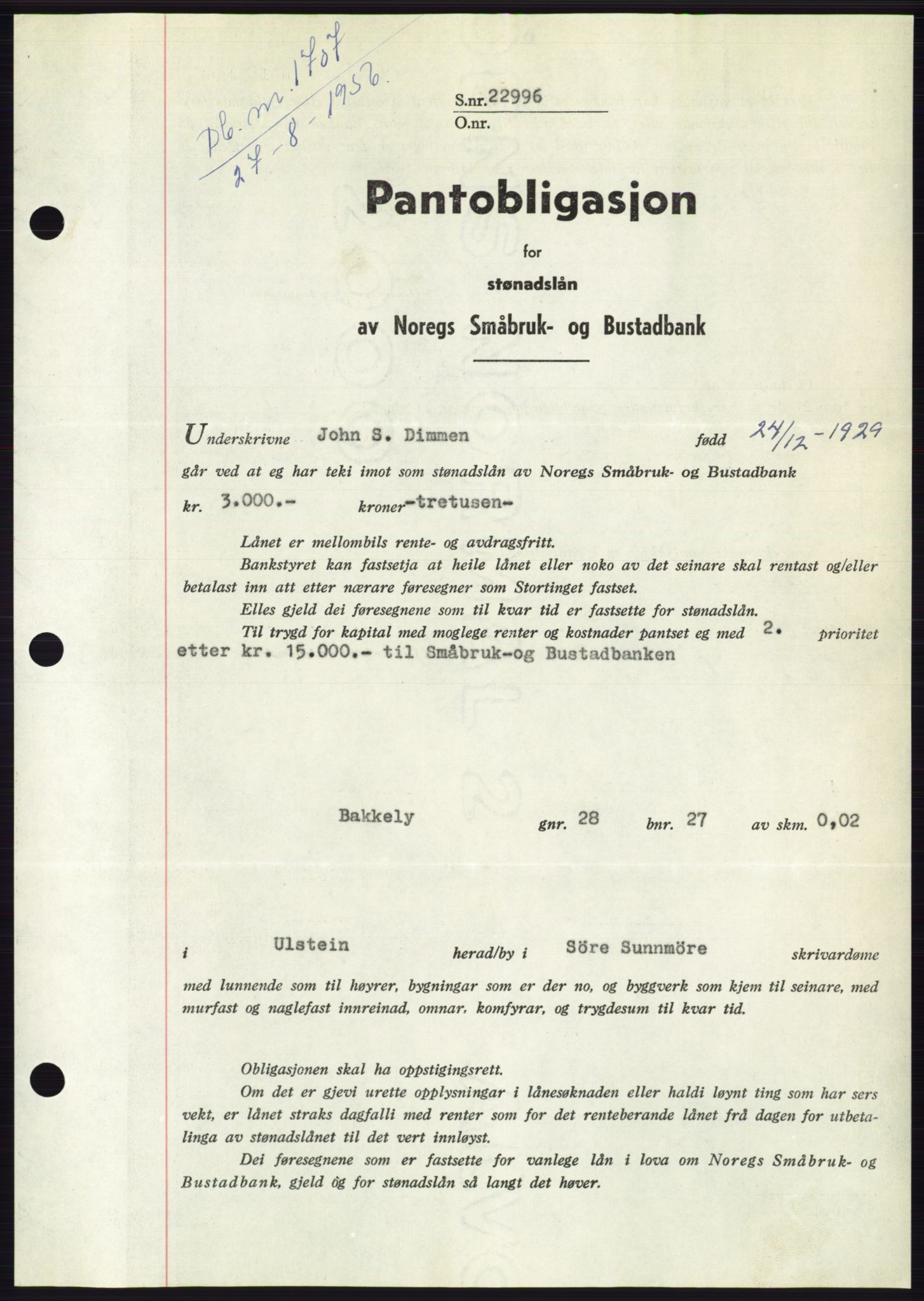 Søre Sunnmøre sorenskriveri, SAT/A-4122/1/2/2C/L0128: Pantebok nr. 16B, 1956-1956, Dagboknr: 1707/1956