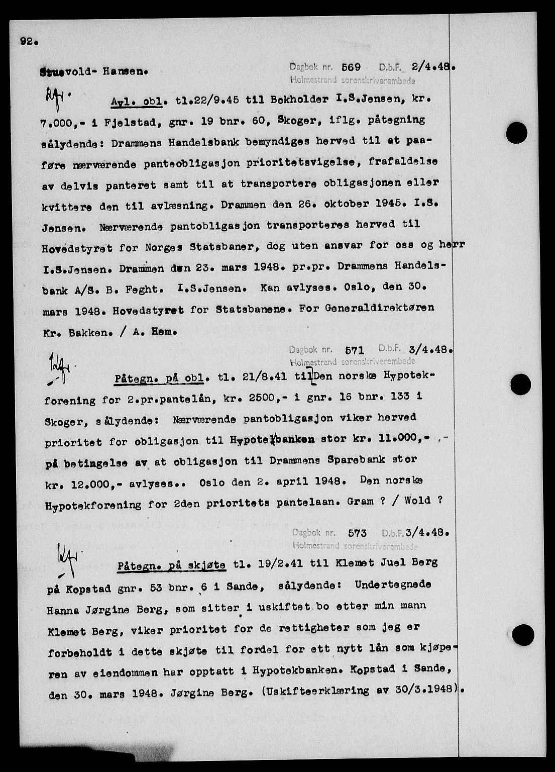 Holmestrand sorenskriveri, SAKO/A-67/G/Ga/Gab/L0058: Pantebok nr. B-58, 1947-1948, s. 92, Dagboknr: 569/1948