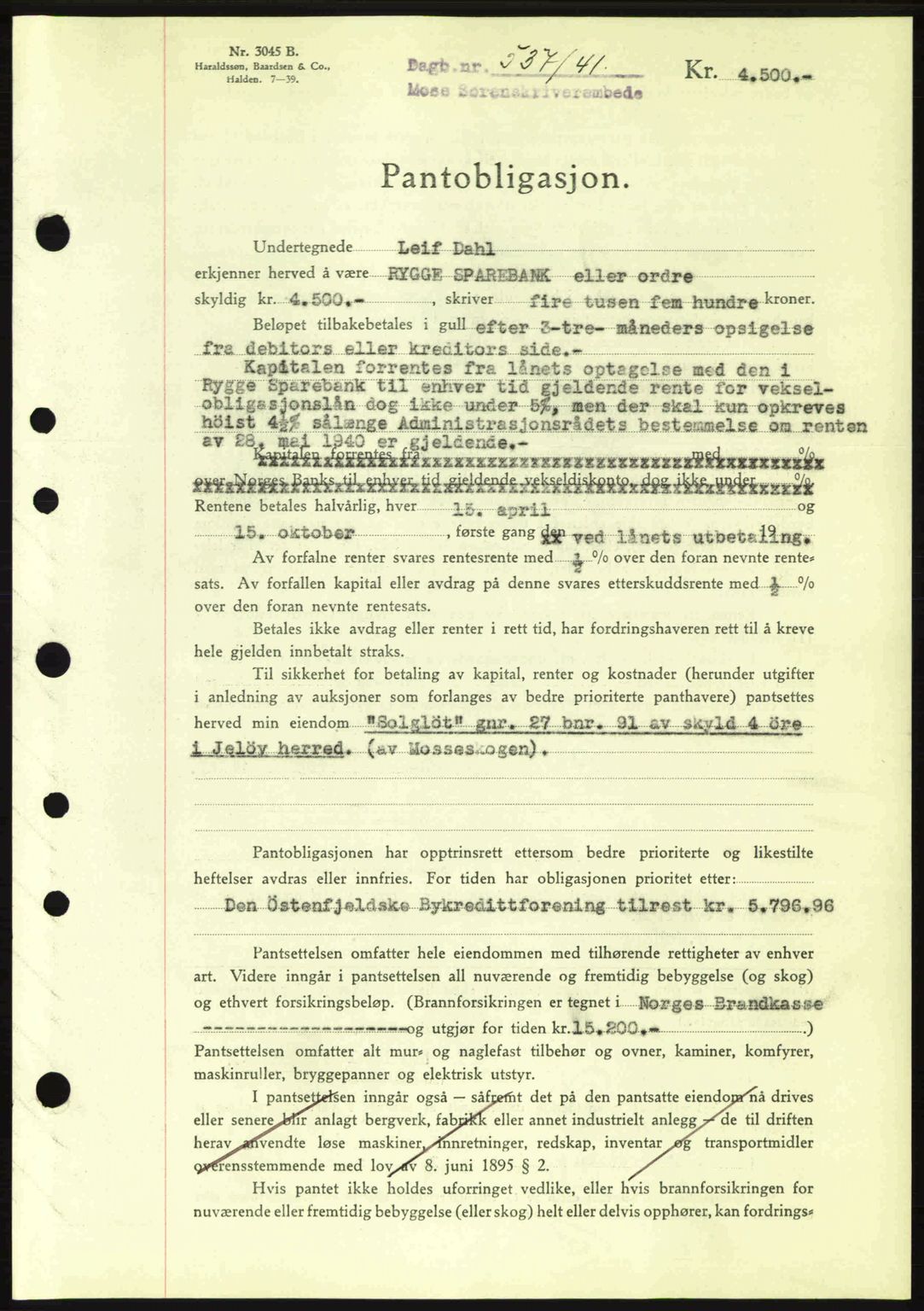 Moss sorenskriveri, SAO/A-10168: Pantebok nr. B10, 1940-1941, Dagboknr: 537/1941