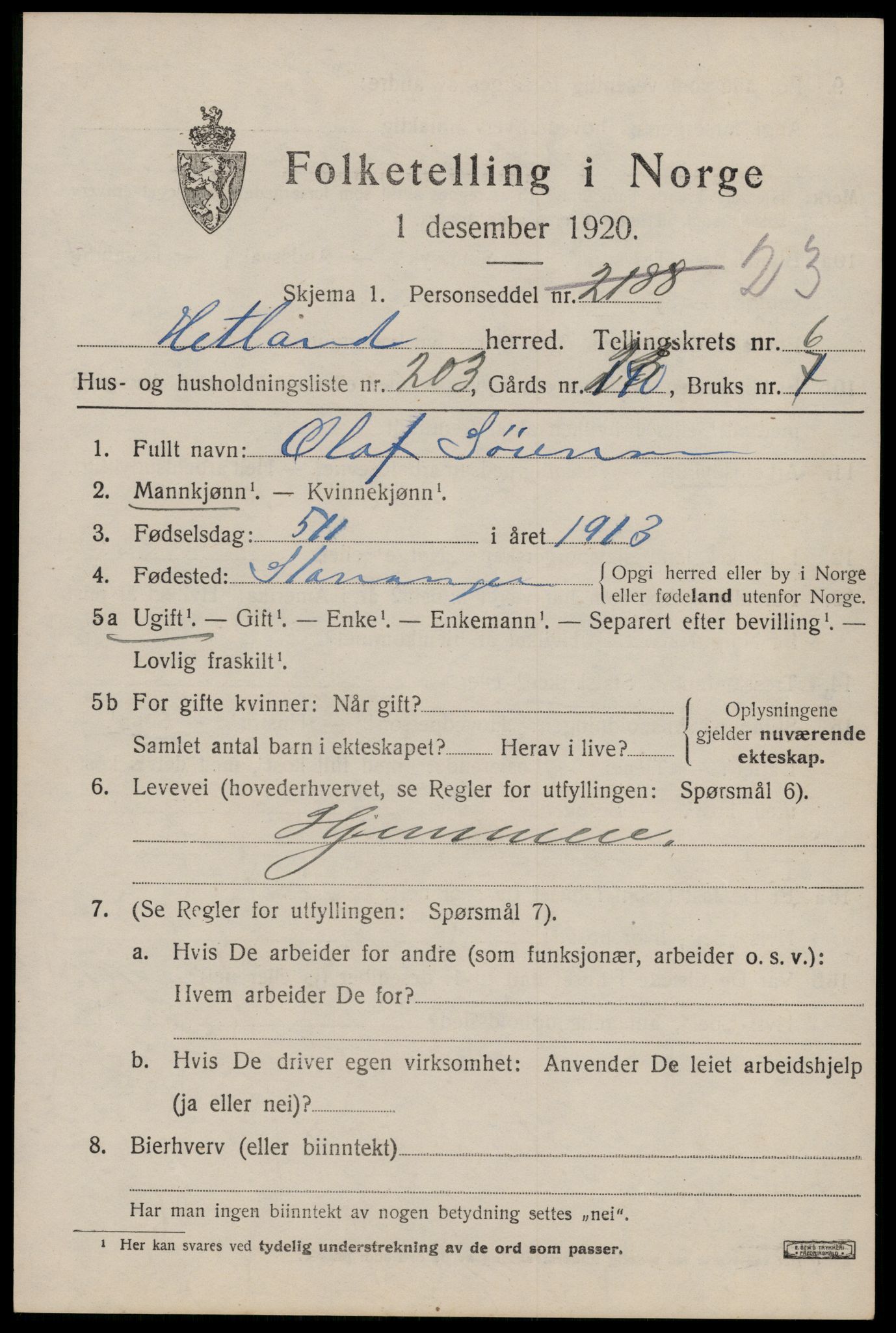 SAST, Folketelling 1920 for 1126 Hetland herred, 1920, s. 13819
