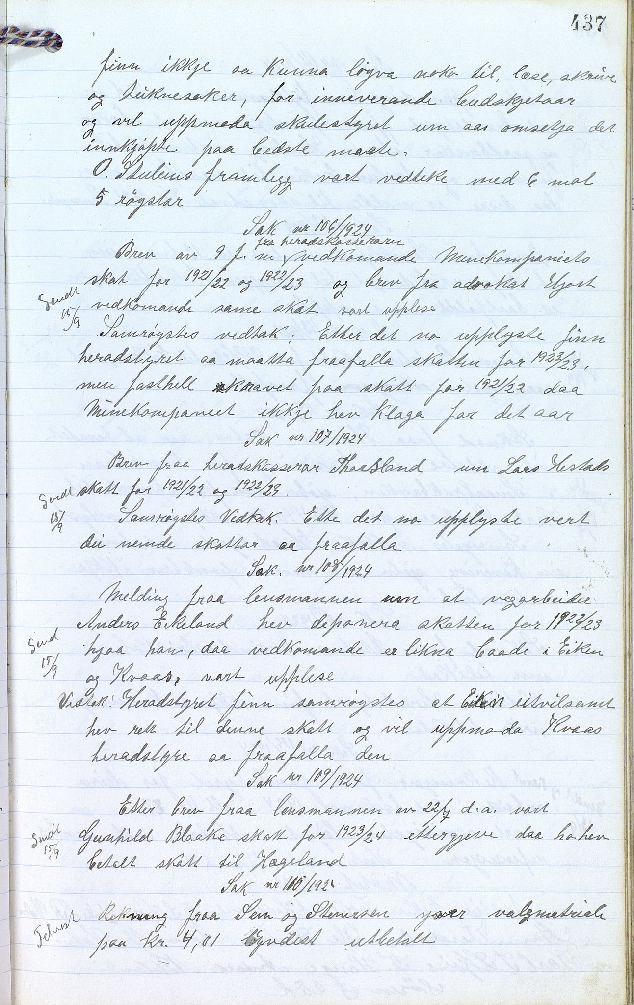 Eiken kommune - Formannskapet, ARKSOR/1034EI120/A/L0001: Møtebok, 1916-1925, s. 437