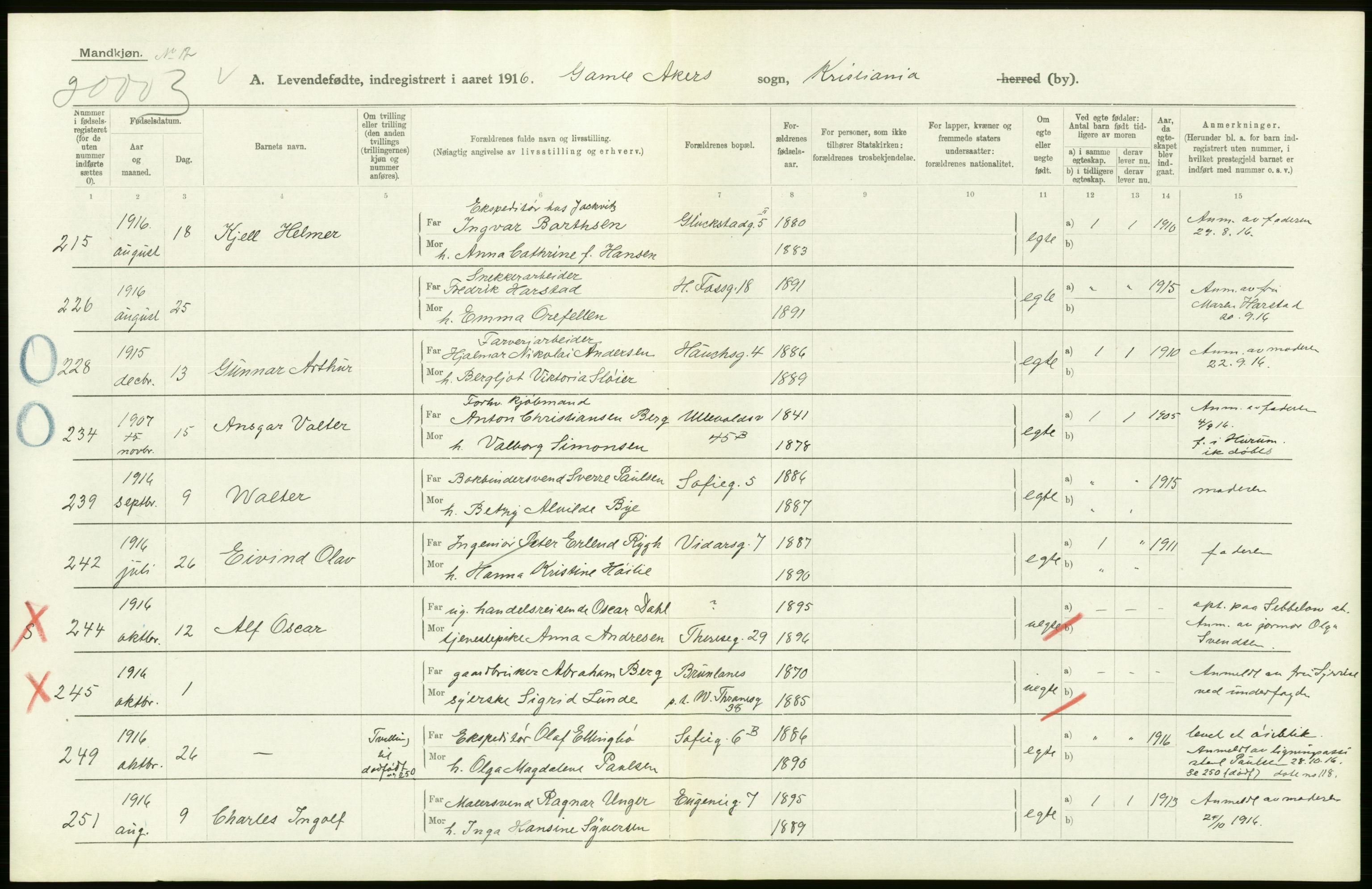 Statistisk sentralbyrå, Sosiodemografiske emner, Befolkning, AV/RA-S-2228/D/Df/Dfb/Dfbf/L0006: Kristiania: Levendefødte menn og kvinner., 1916, s. 338