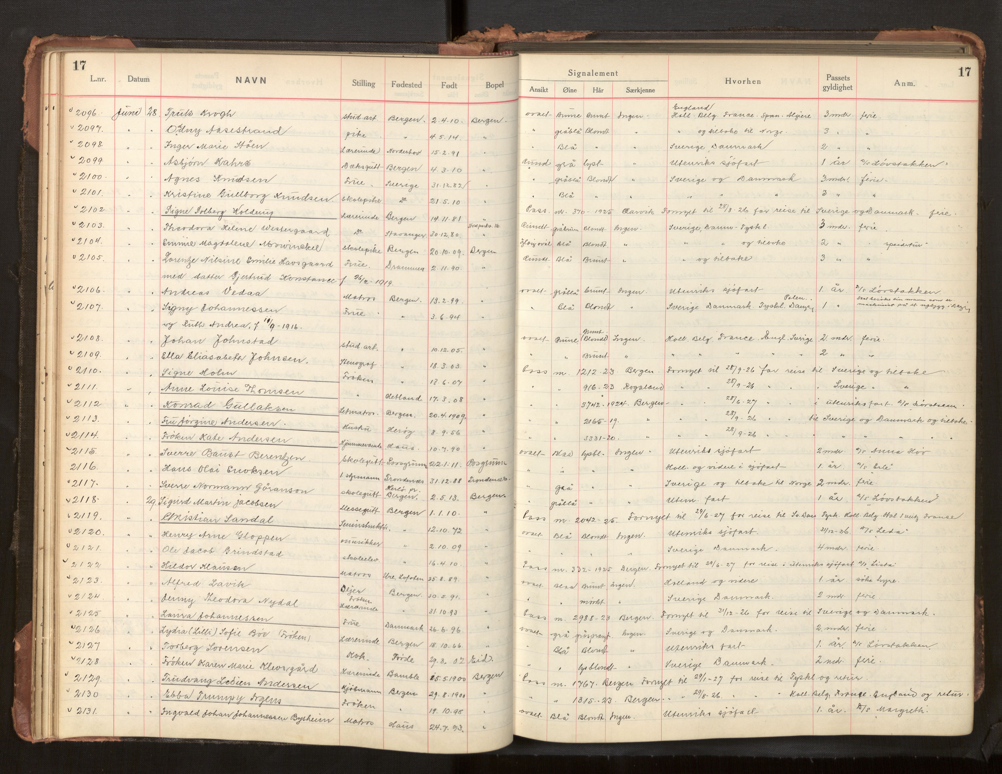 Bergen politikammer / politidistrikt, AV/SAB-A-60401/L/La/Lab/L0011: Passprotokoll, 1926-1928