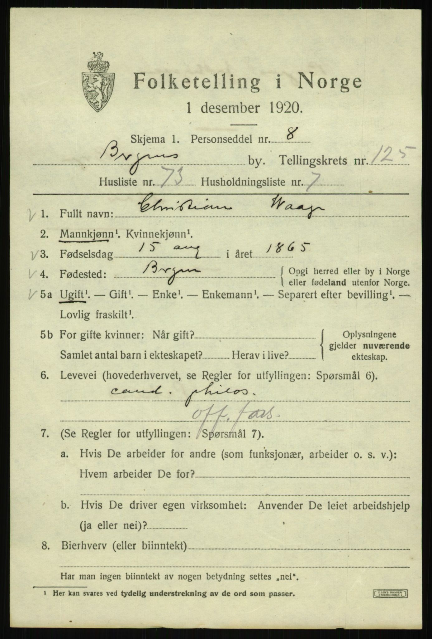 SAB, Folketelling 1920 for 1301 Bergen kjøpstad, 1920, s. 212108