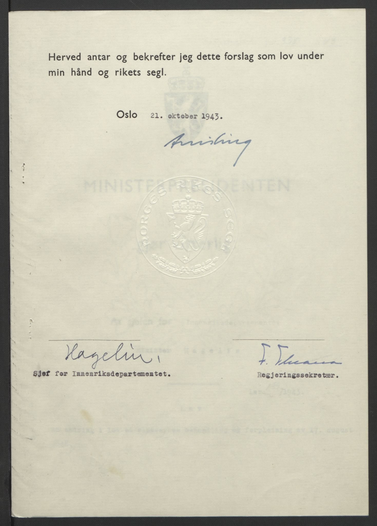 NS-administrasjonen 1940-1945 (Statsrådsekretariatet, de kommisariske statsråder mm), RA/S-4279/D/Db/L0099: Lover, 1943, s. 651