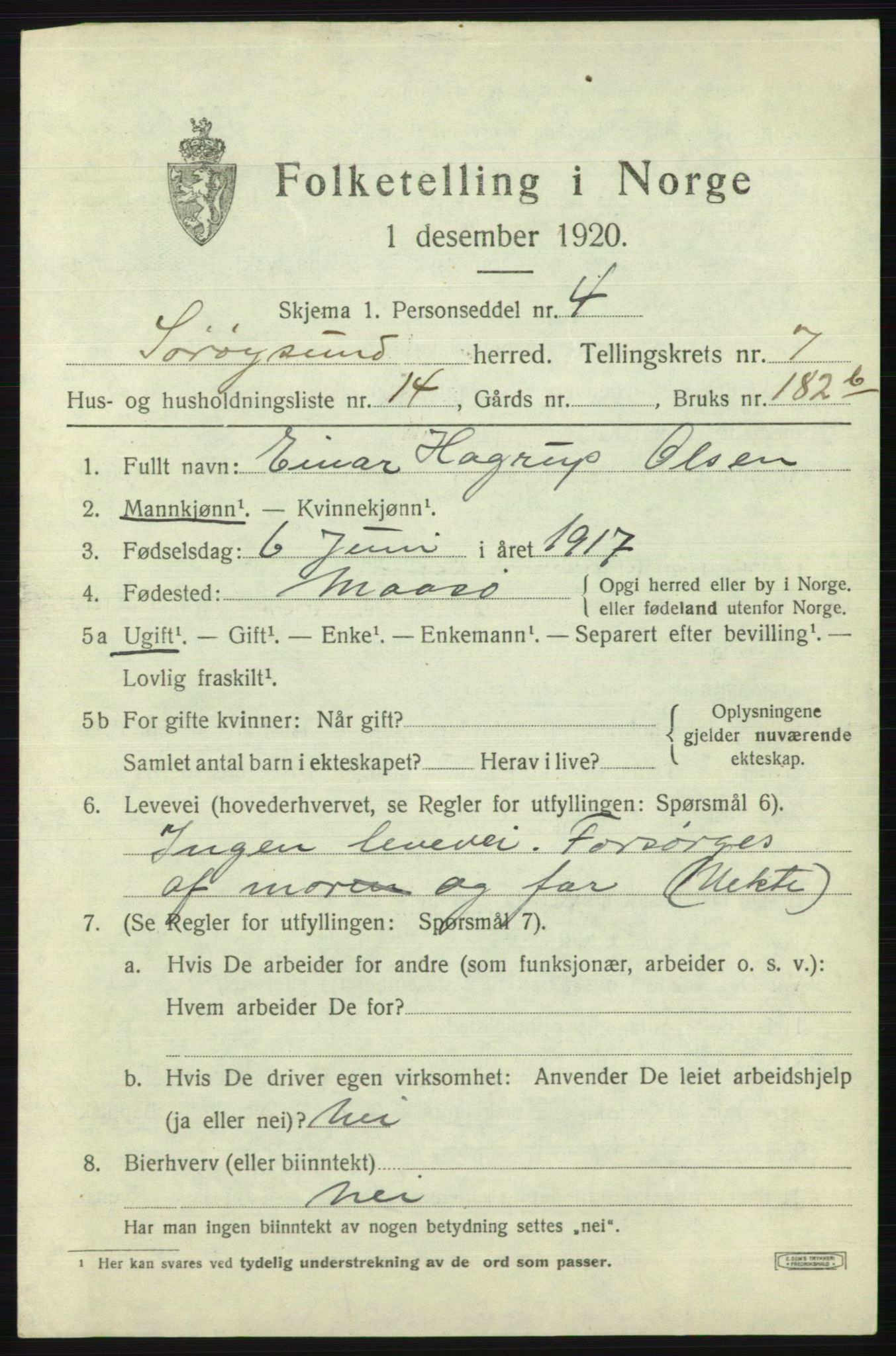 SATØ, Folketelling 1920 for 2016 Sørøysund herred, 1920, s. 3022
