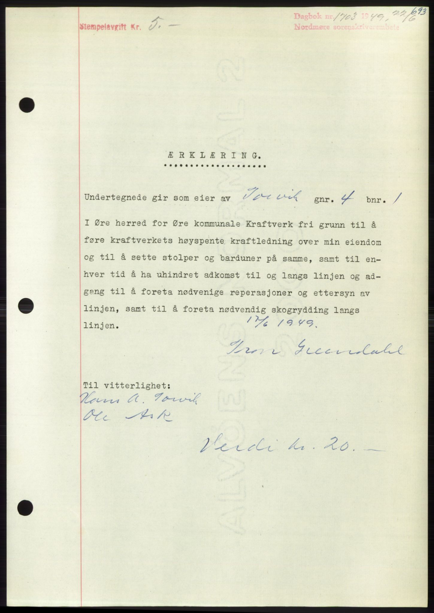 Nordmøre sorenskriveri, SAT/A-4132/1/2/2Ca: Pantebok nr. B101, 1949-1949, Dagboknr: 1703/1949