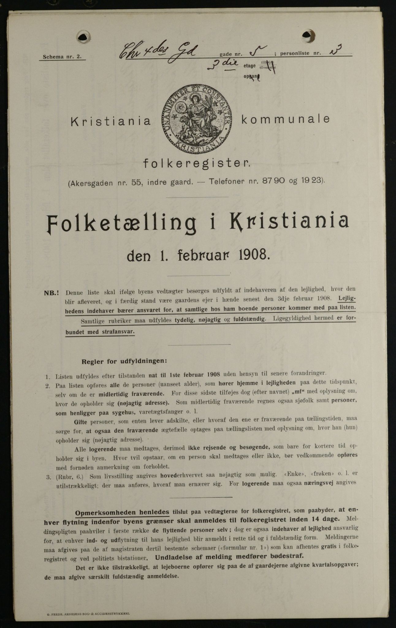 OBA, Kommunal folketelling 1.2.1908 for Kristiania kjøpstad, 1908, s. 48485