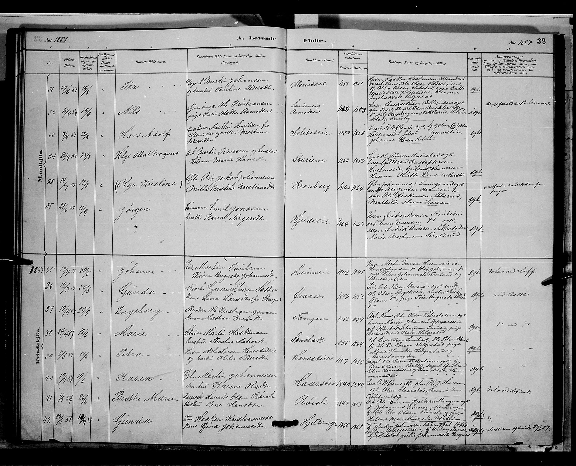 Østre Toten prestekontor, AV/SAH-PREST-104/H/Ha/Hab/L0005: Klokkerbok nr. 5, 1884-1893, s. 32