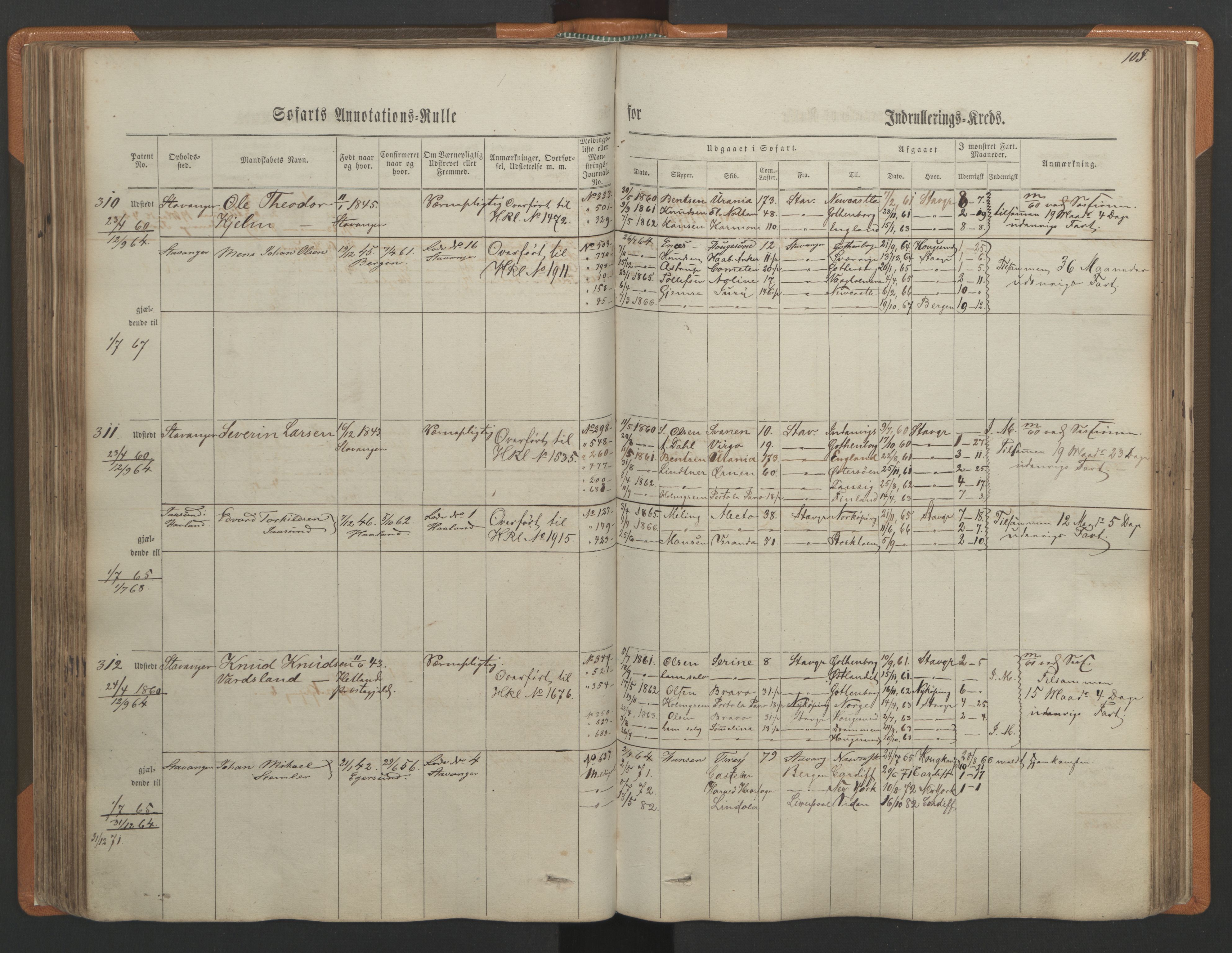 Stavanger sjømannskontor, AV/SAST-A-102006/F/Ff/L0001: Annotasjonsrulle, patentnr. 1-597 (del 1), 1860-1864, s. 114