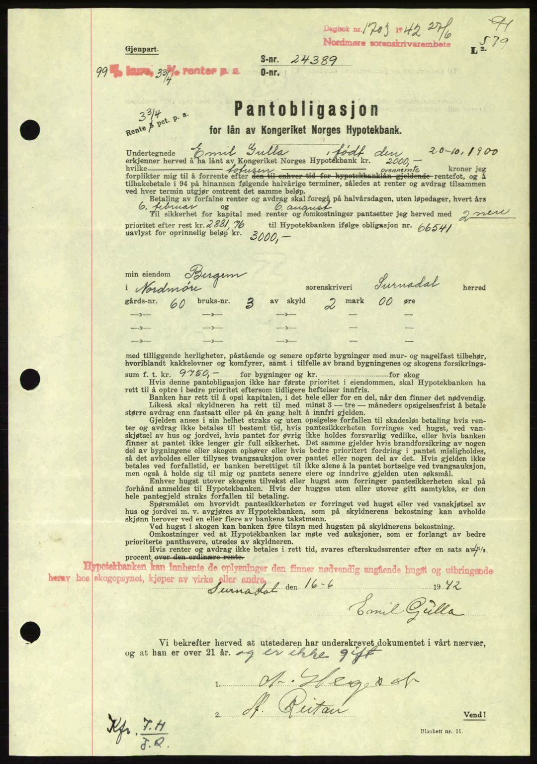 Nordmøre sorenskriveri, AV/SAT-A-4132/1/2/2Ca: Pantebok nr. B89, 1942-1942, Dagboknr: 1703/1942