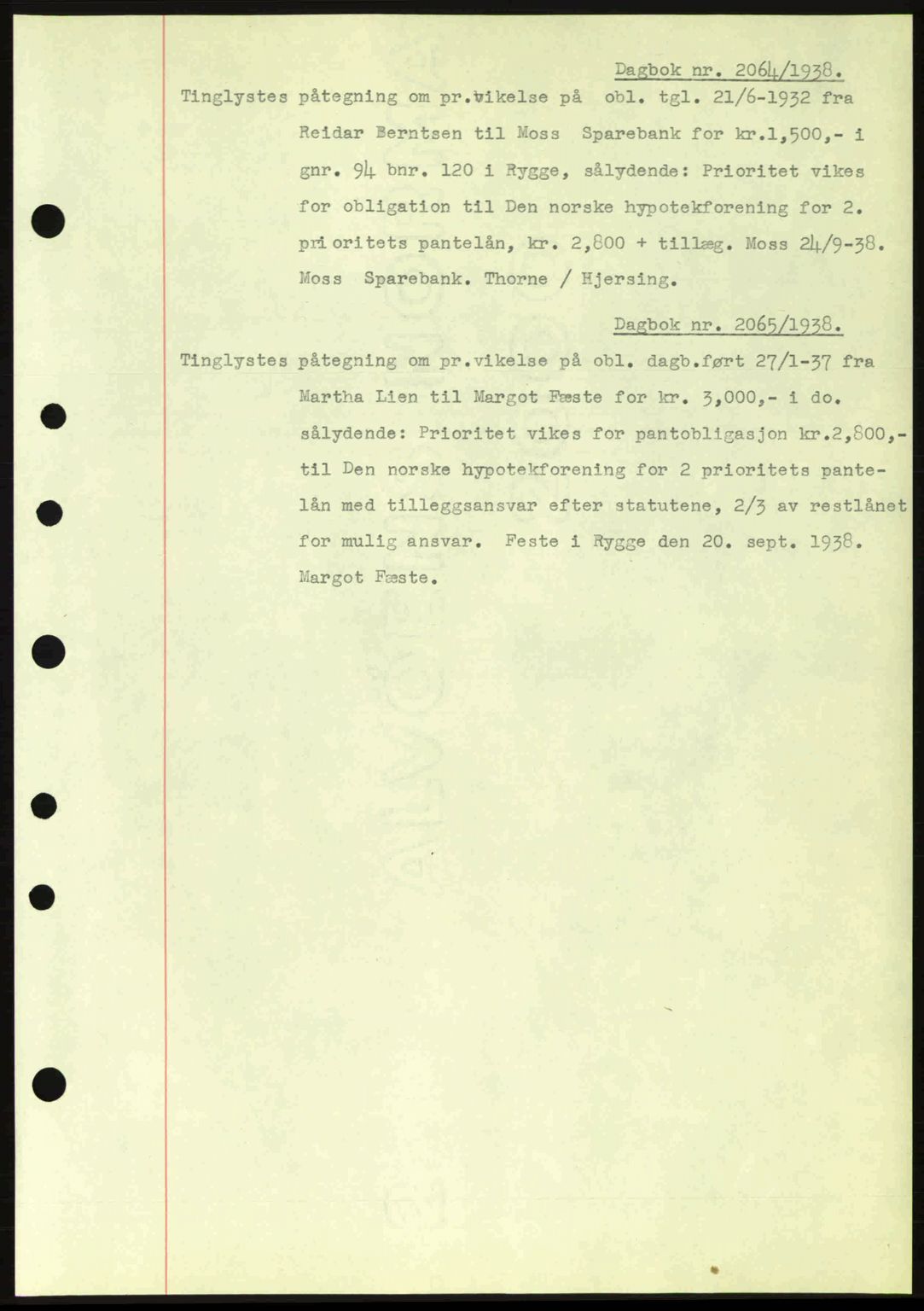 Moss sorenskriveri, SAO/A-10168: Pantebok nr. B6, 1938-1938, Dagboknr: 2064/1938