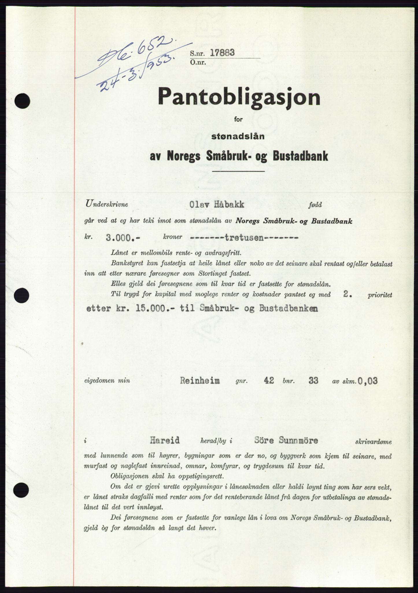 Søre Sunnmøre sorenskriveri, SAT/A-4122/1/2/2C/L0123: Pantebok nr. 11B, 1953-1953, Dagboknr: 652/1953