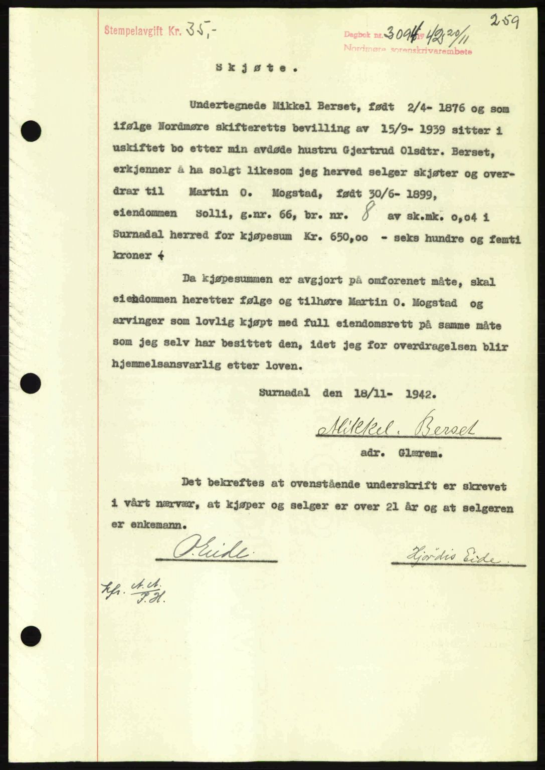 Nordmøre sorenskriveri, AV/SAT-A-4132/1/2/2Ca: Pantebok nr. A94, 1942-1943, Dagboknr: 3094/1942