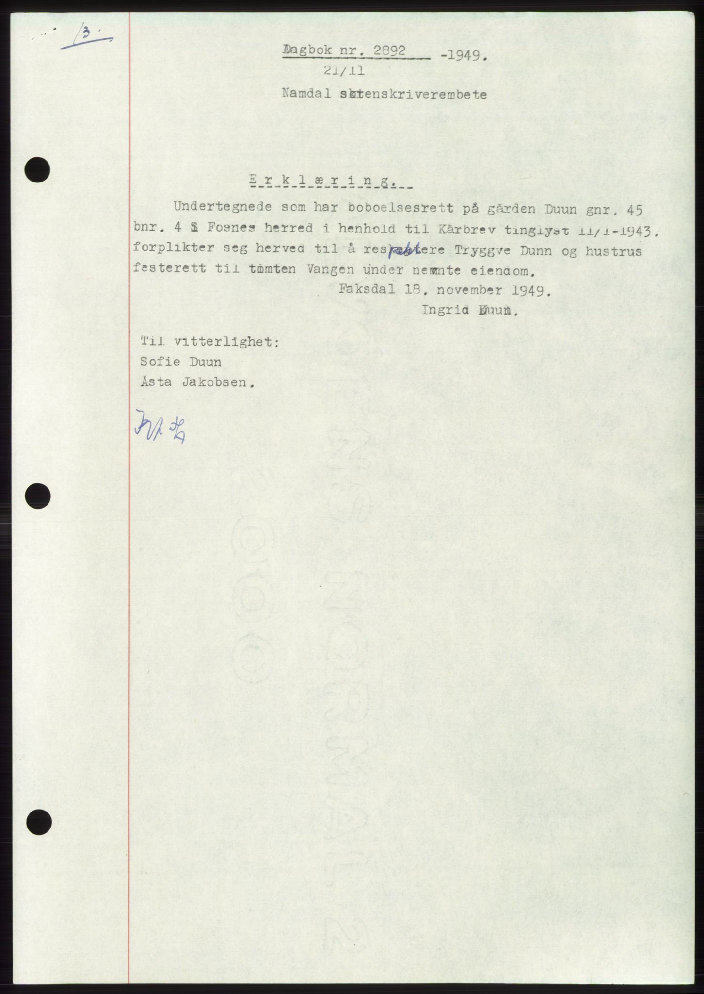 Namdal sorenskriveri, SAT/A-4133/1/2/2C: Pantebok nr. -, 1949-1949, Dagboknr: 2892/1949