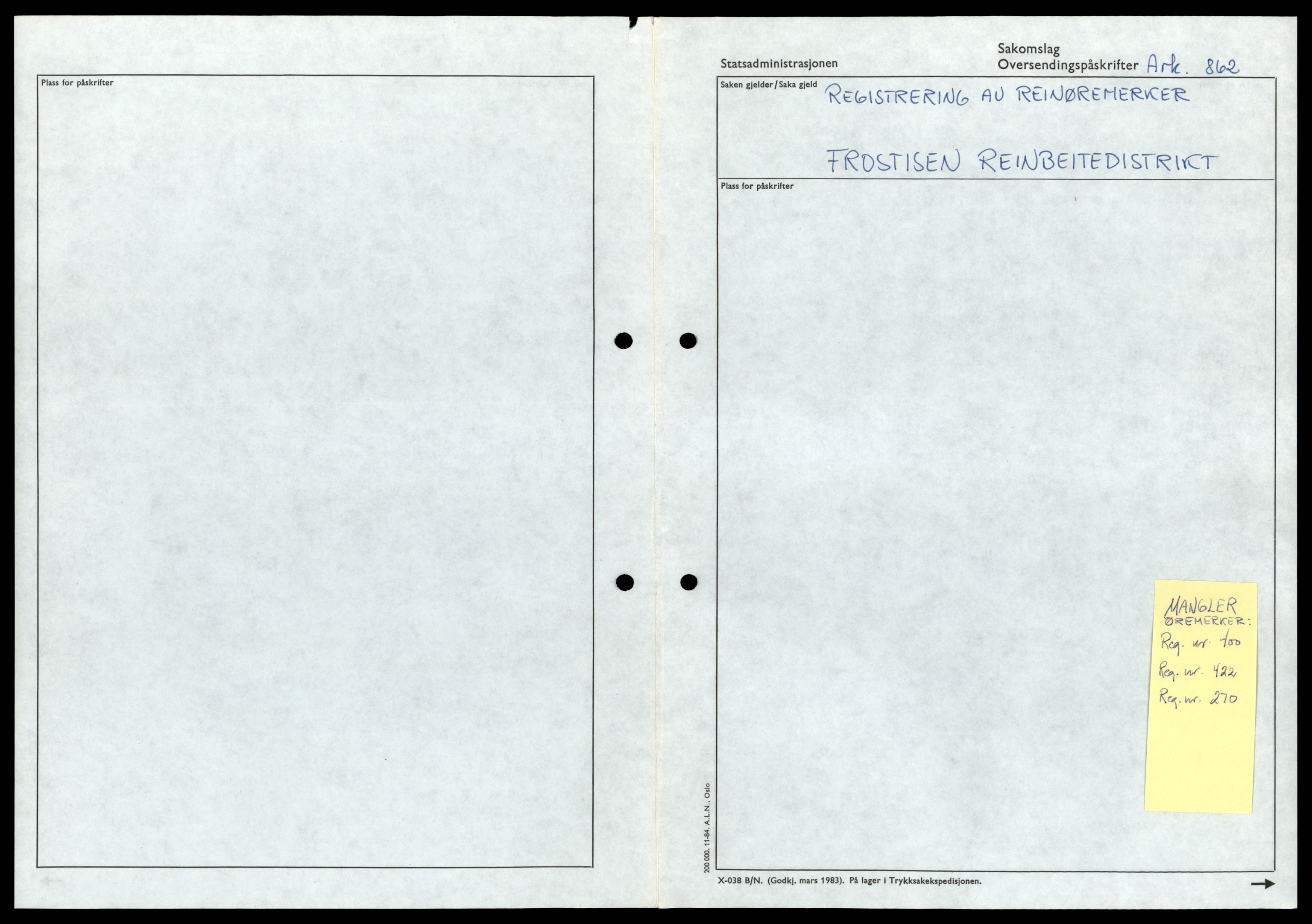 Reindriftsforvaltningen Nordland, SAT/A-5309/D/Dc/L0503/0001: Korrespondanse ordnet etter arkivnøkkel / Reinmerker - Fortegnelser, kladder, Nordland, 1960-2000, s. 813
