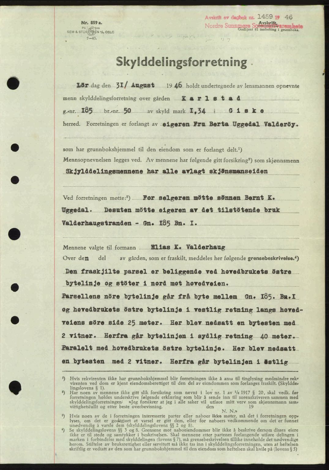 Nordre Sunnmøre sorenskriveri, SAT/A-0006/1/2/2C/2Ca: Pantebok nr. A22, 1946-1946, Dagboknr: 1459/1946
