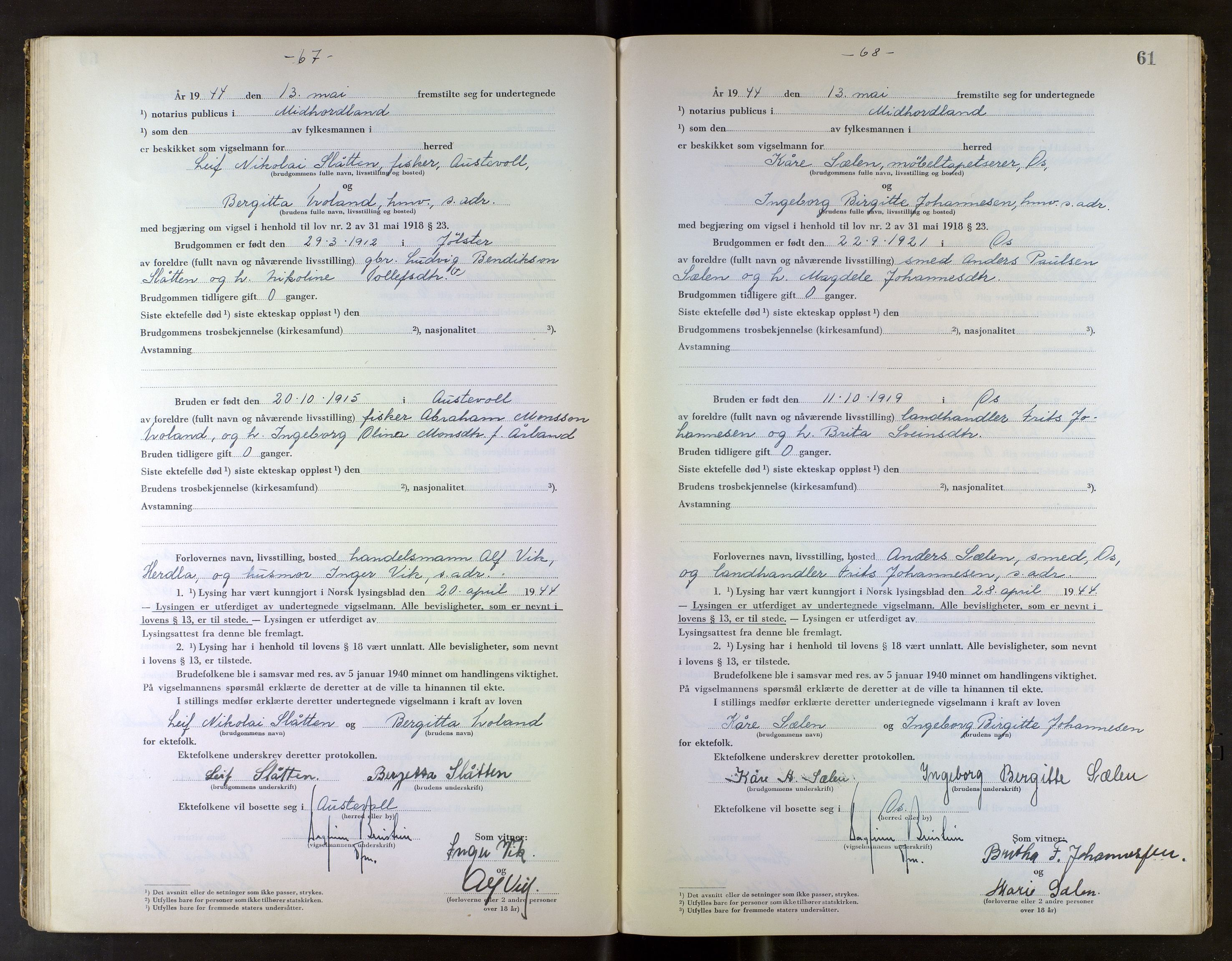 Midhordland sorenskriveri, AV/SAB-A-3001/1/M/Mc/Mca/L0005: Notarialbilag. Vigselbøker, 1943-1944, s. 61