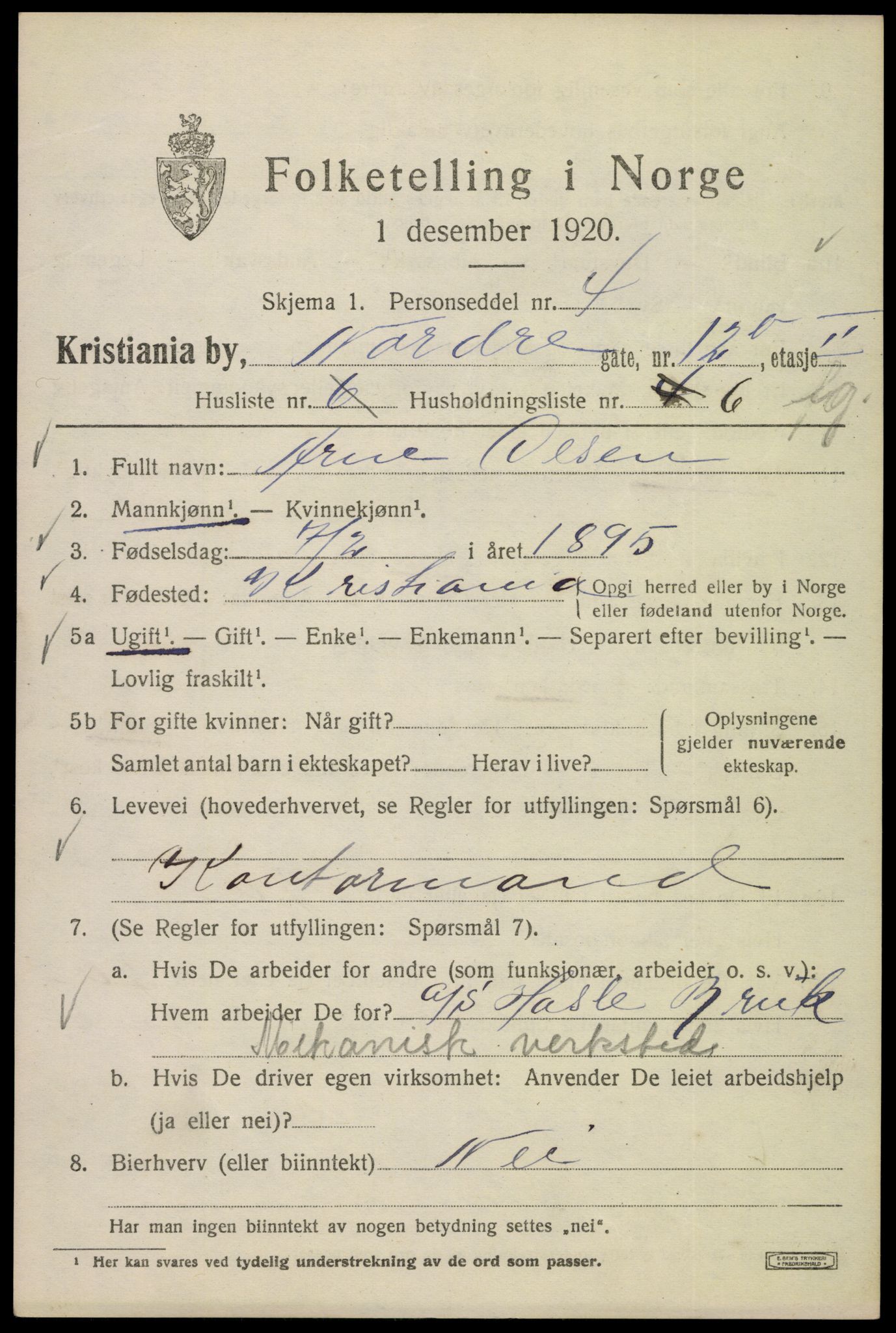 SAO, Folketelling 1920 for 0301 Kristiania kjøpstad, 1920, s. 425265