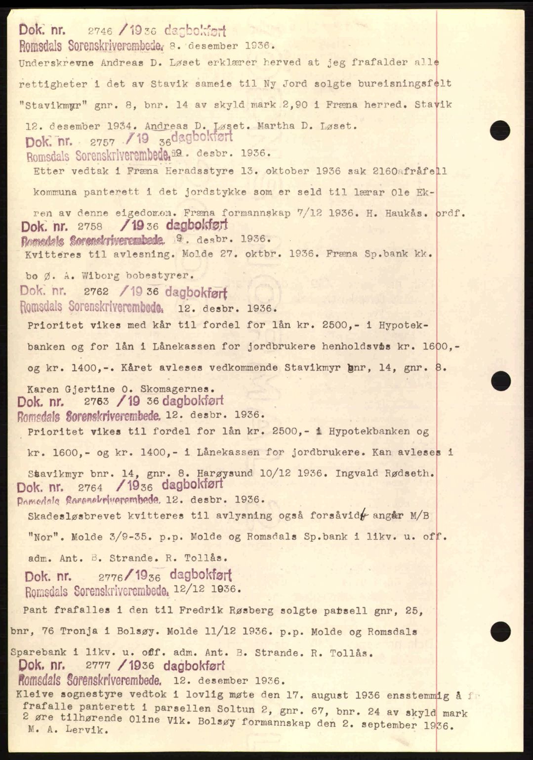 Romsdal sorenskriveri, AV/SAT-A-4149/1/2/2C: Pantebok nr. C1a, 1936-1945, Dagboknr: 2746/1936