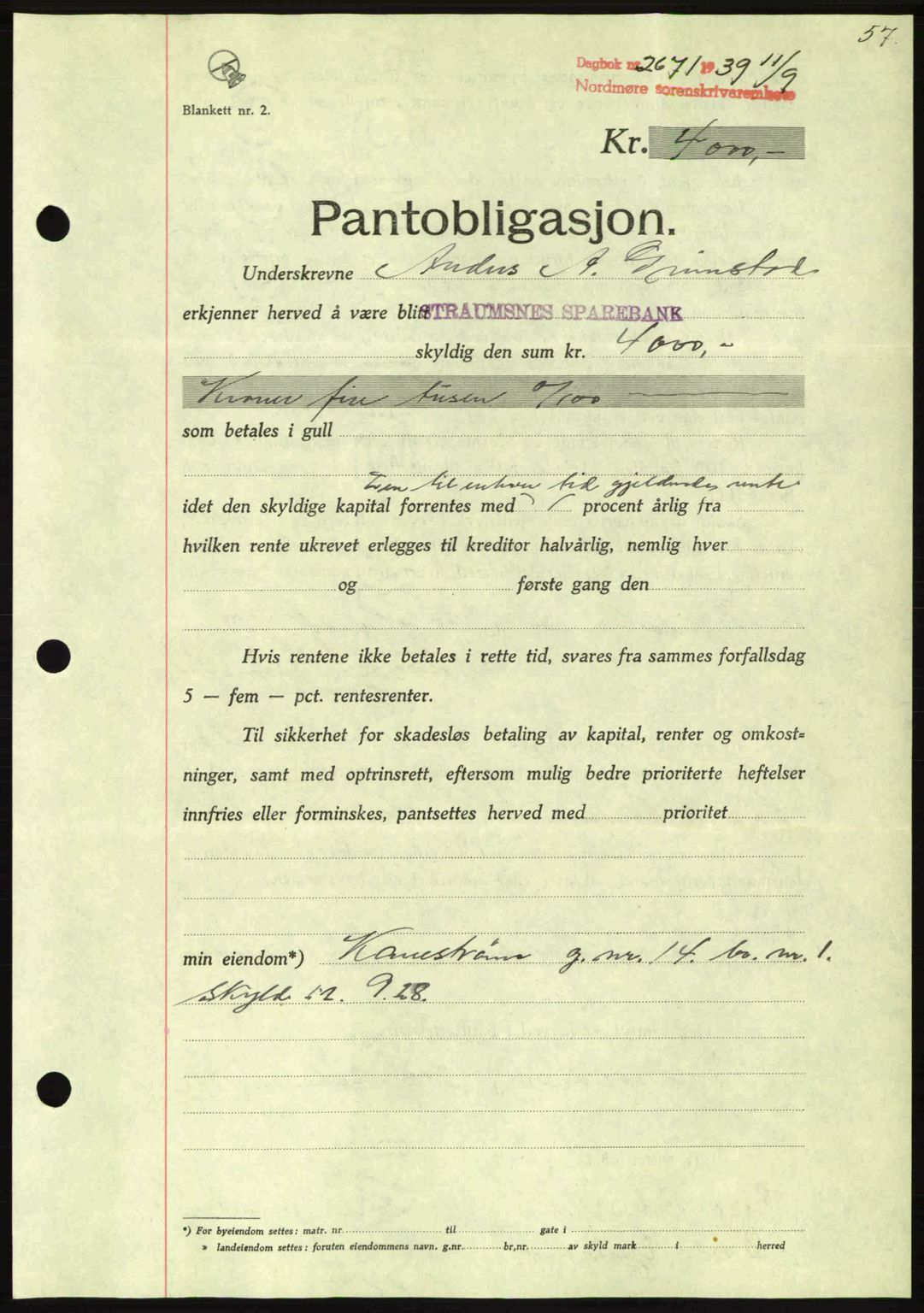 Nordmøre sorenskriveri, AV/SAT-A-4132/1/2/2Ca: Pantebok nr. B86, 1939-1940, Dagboknr: 2671/1939