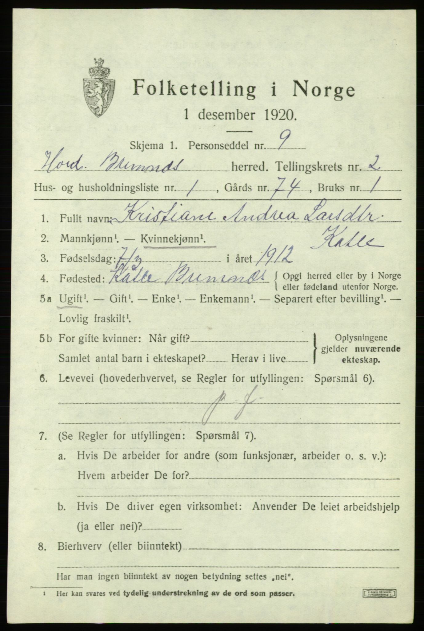 SAB, Folketelling 1920 for 1220 Bremnes herred, 1920, s. 1306