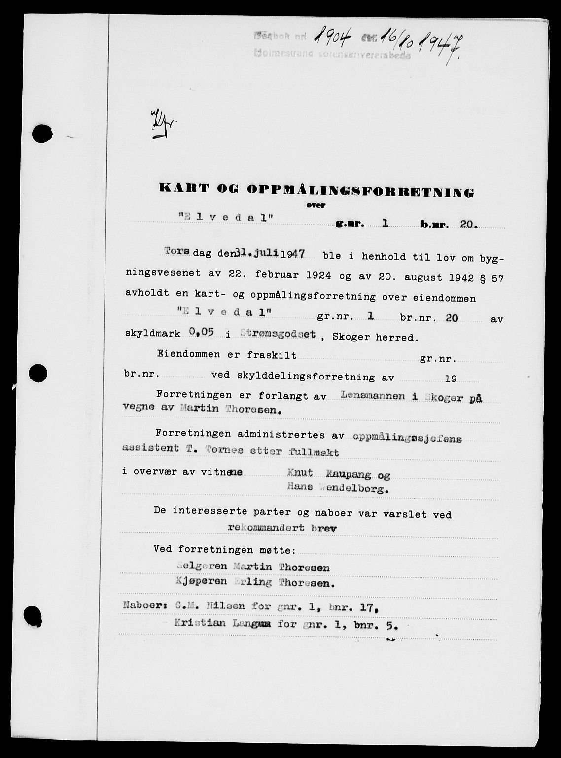 Holmestrand sorenskriveri, SAKO/A-67/G/Ga/Gaa/L0062: Pantebok nr. A-62, 1947-1947, Dagboknr: 1904/1947