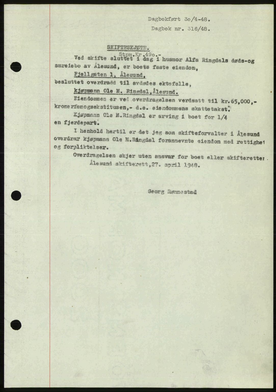 Ålesund byfogd, AV/SAT-A-4384: Pantebok nr. 37A (1), 1947-1949, Dagboknr: 316/1948