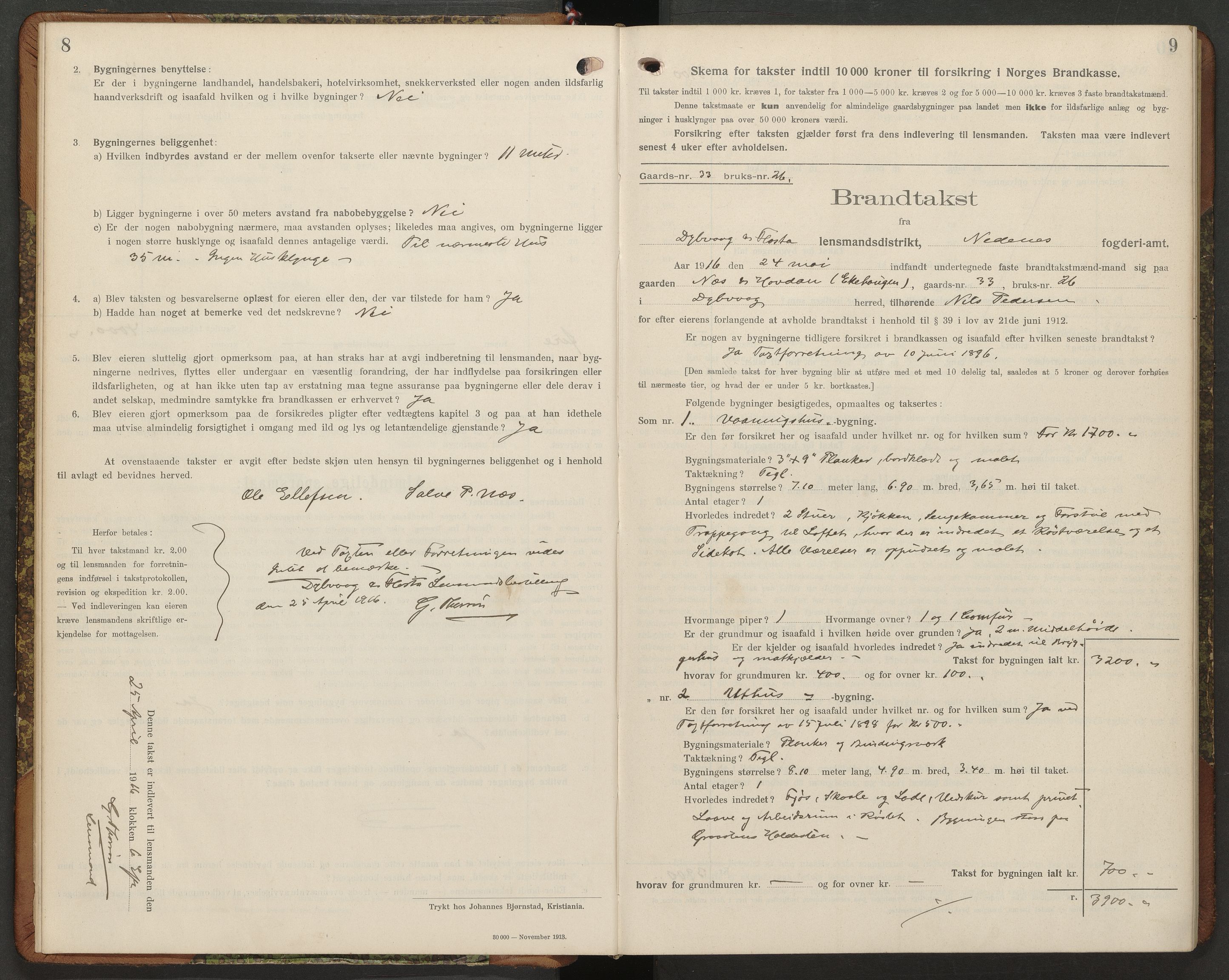 Norges Brannkasse Dypvåg og Flosta, AV/SAK-2241-0008/F/Fa/L0007: Branntakstprotokoll nr. 7 med gårdsnavnregister, 1916-1927