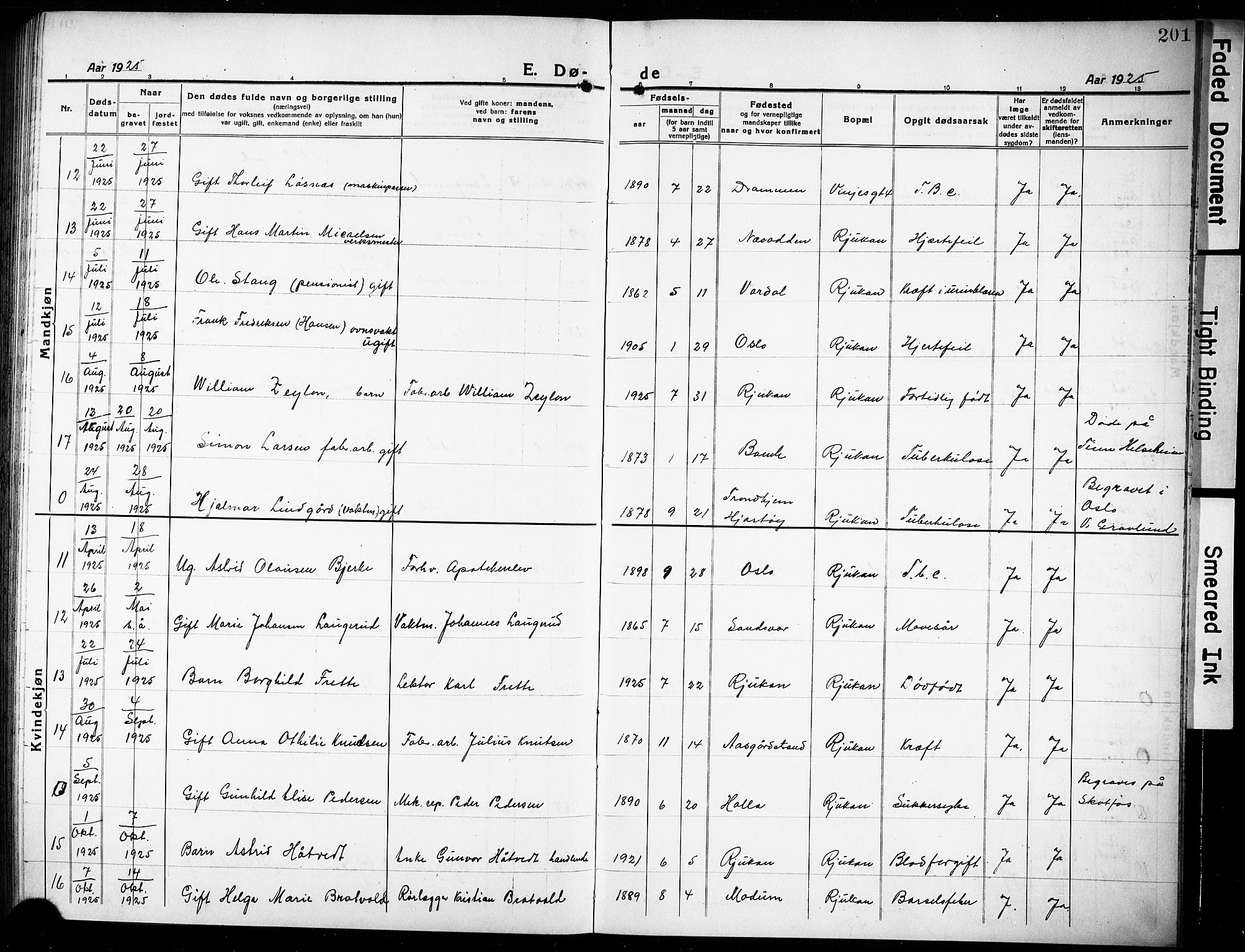 Rjukan kirkebøker, AV/SAKO-A-294/G/Ga/L0003: Klokkerbok nr. 3, 1920-1928, s. 201
