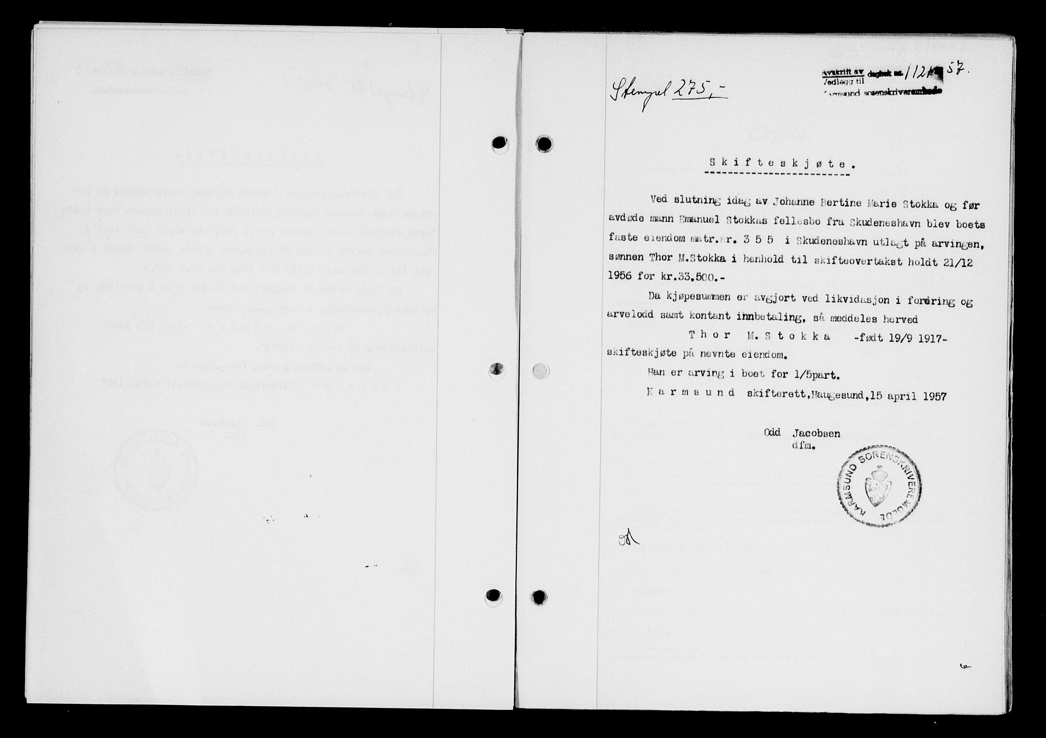Karmsund sorenskriveri, SAST/A-100311/01/II/IIB/L0124: Pantebok nr. 104A, 1957-1957, Dagboknr: 1121/1957