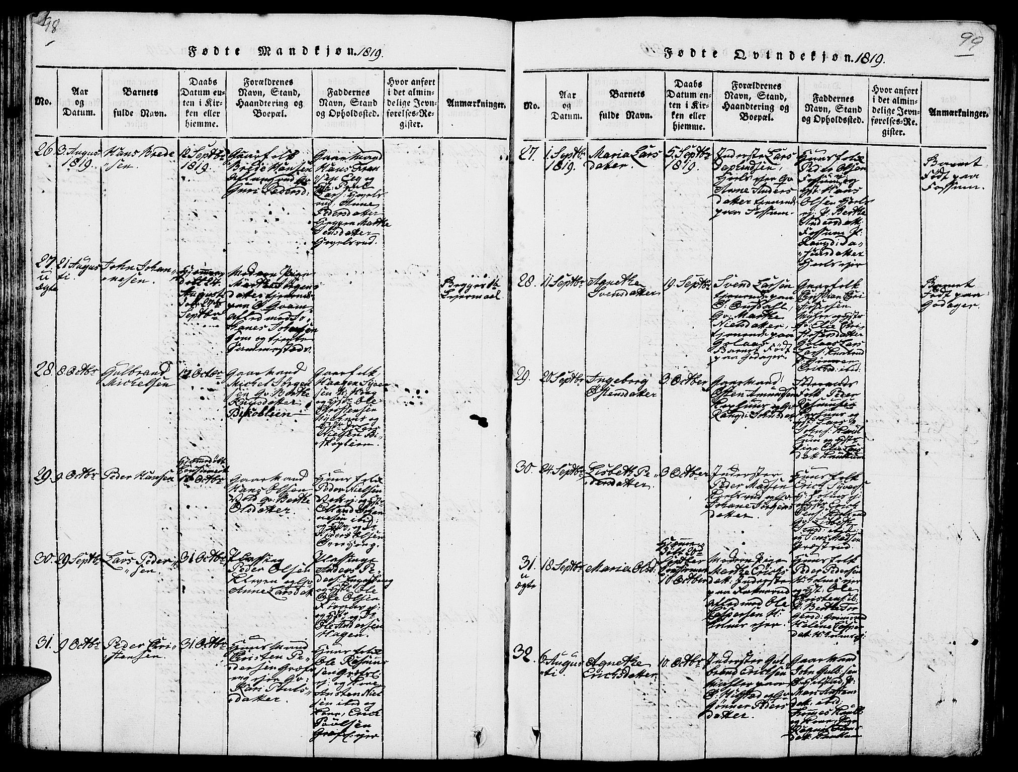 Nes prestekontor, Hedmark, SAH/PREST-020/L/La/L0003: Klokkerbok nr. 3, 1814-1831, s. 98-99