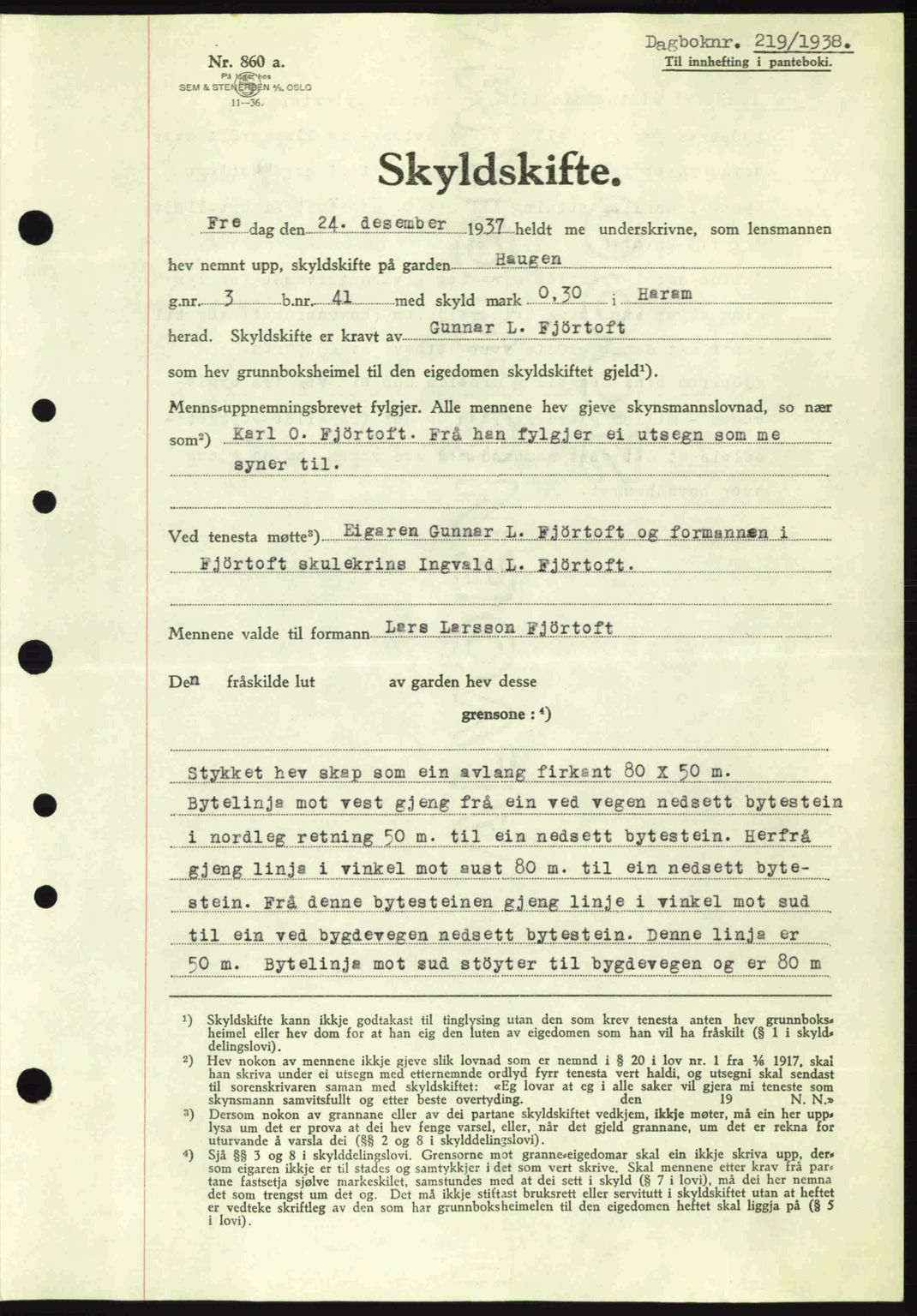 Nordre Sunnmøre sorenskriveri, AV/SAT-A-0006/1/2/2C/2Ca: Pantebok nr. A4, 1937-1938, Dagboknr: 219/1938