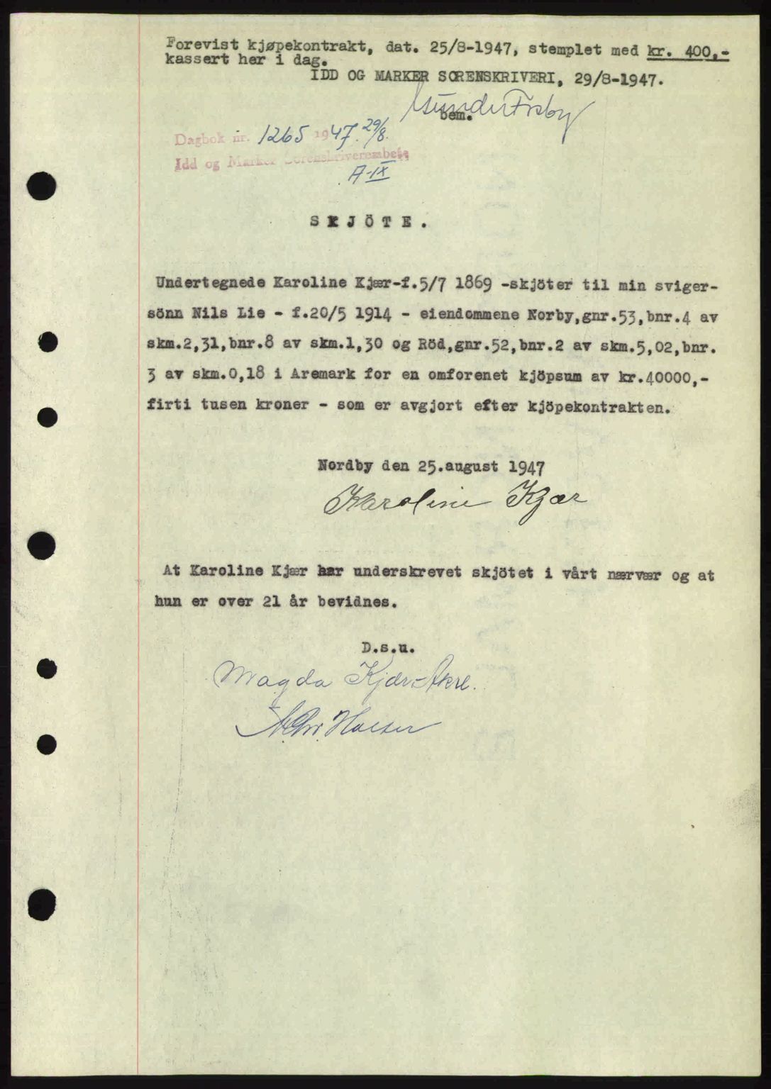 Idd og Marker sorenskriveri, SAO/A-10283/G/Gb/Gbb/L0009: Pantebok nr. A9, 1946-1947, Dagboknr: 1265/1947