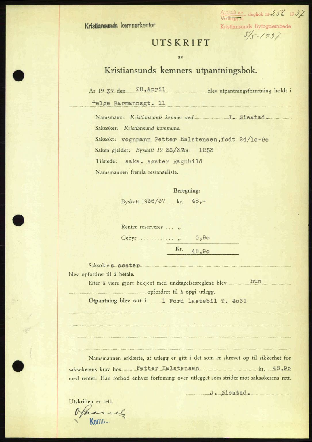 Kristiansund byfogd, SAT/A-4587/A/27: Pantebok nr. 29, 1936-1937, Dagboknr: 256/1937