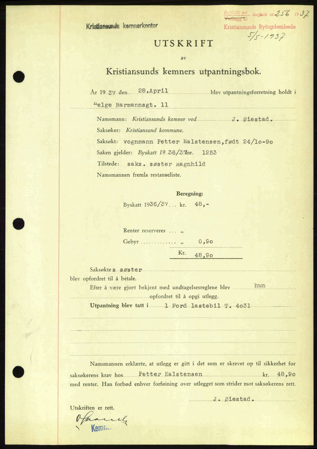 Kristiansund byfogd, AV/SAT-A-4587/A/27: Pantebok nr. 29, 1936-1937, Dagboknr: 256/1937