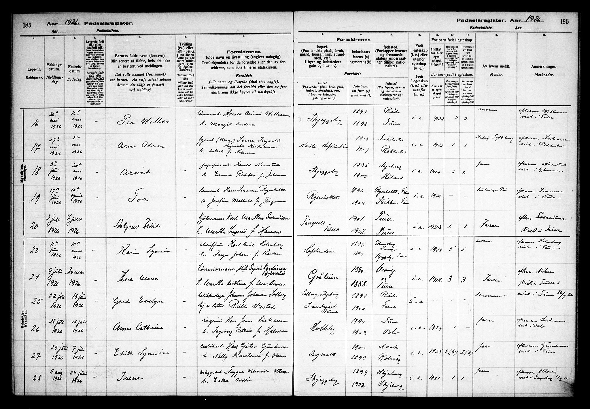 Tune prestekontor Kirkebøker, AV/SAO-A-2007/J/Ja/L0001: Fødselsregister nr. I 1, 1916-1928, s. 185