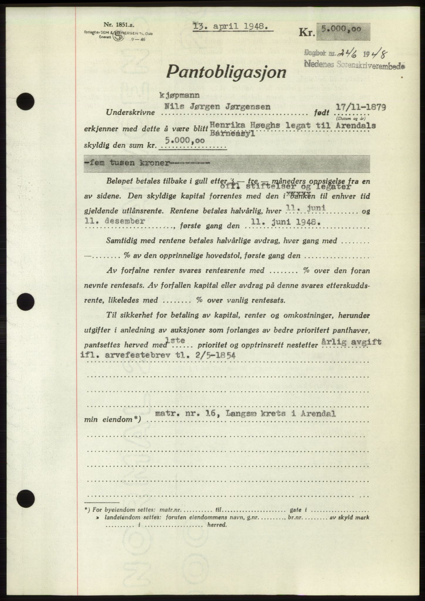 Arendal byfogd, SAK/1222-0001/G/Gb/Gbb/L0004: Pantebok nr. B3, 1947-1948, Dagboknr: 246/1948