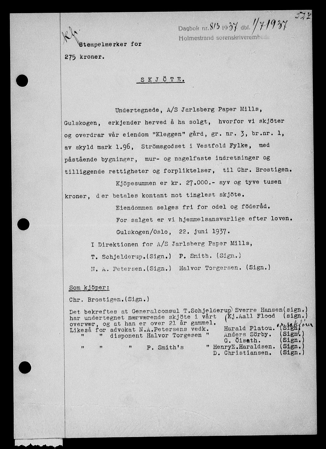 Holmestrand sorenskriveri, SAKO/A-67/G/Ga/Gaa/L0048: Pantebok nr. A-48, 1936-1937, Dagboknr: 813/1937
