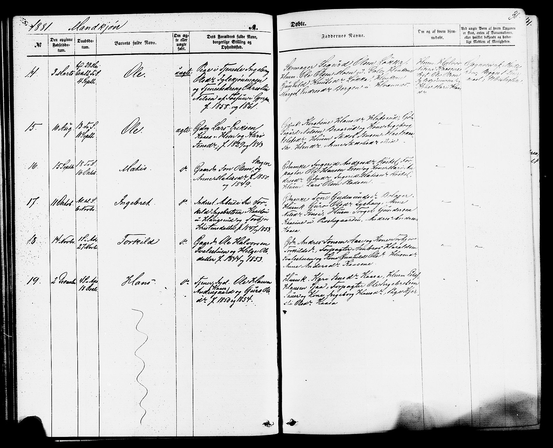 Sauherad kirkebøker, AV/SAKO-A-298/F/Fa/L0008: Ministerialbok nr. I 8, 1873-1886, s. 38