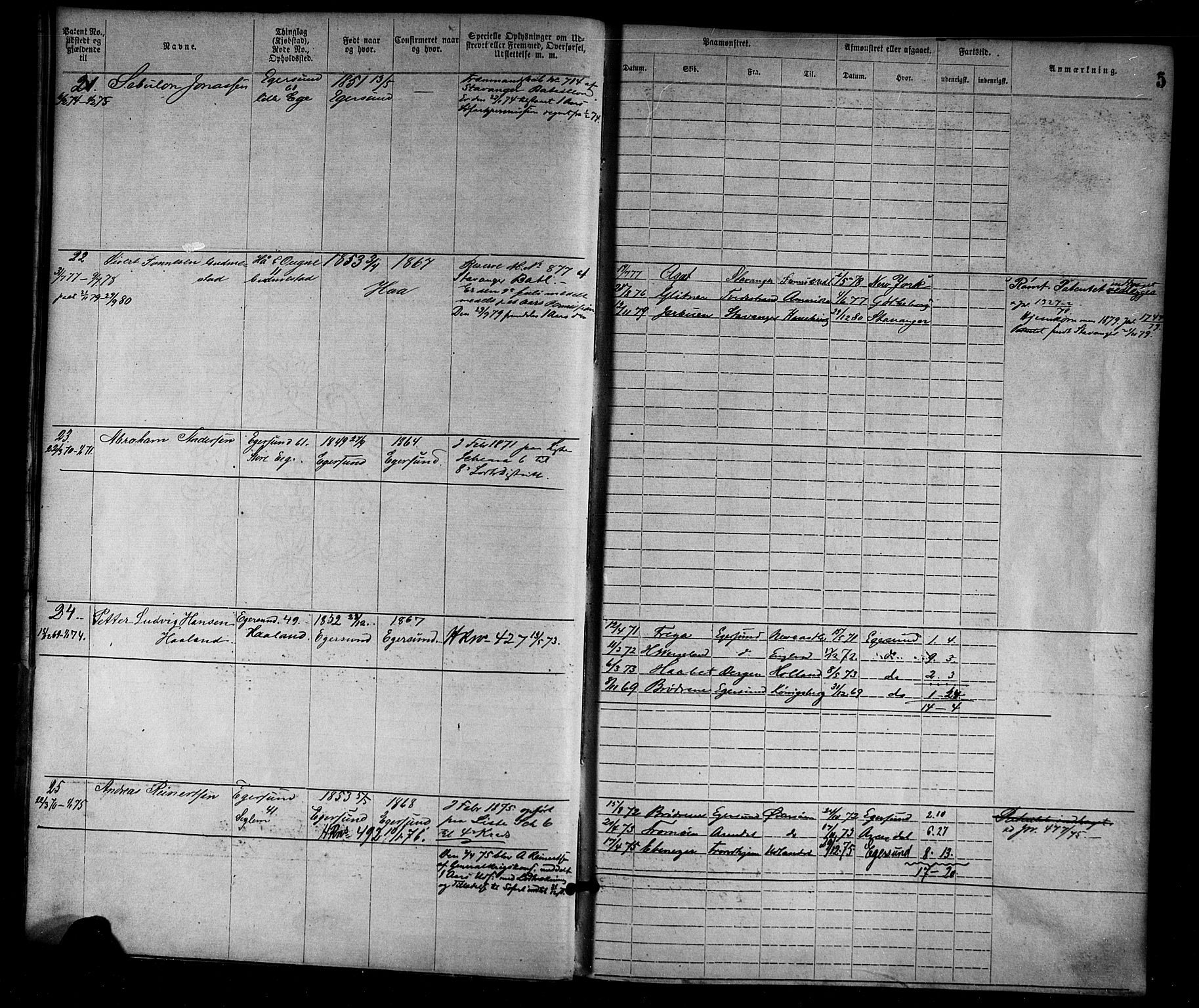 Egersund mønstringskrets, SAK/2031-0019/F/Fa/L0001: Annotasjonsrulle nr 1-1440 med register, O-1, 1869-1895, s. 19