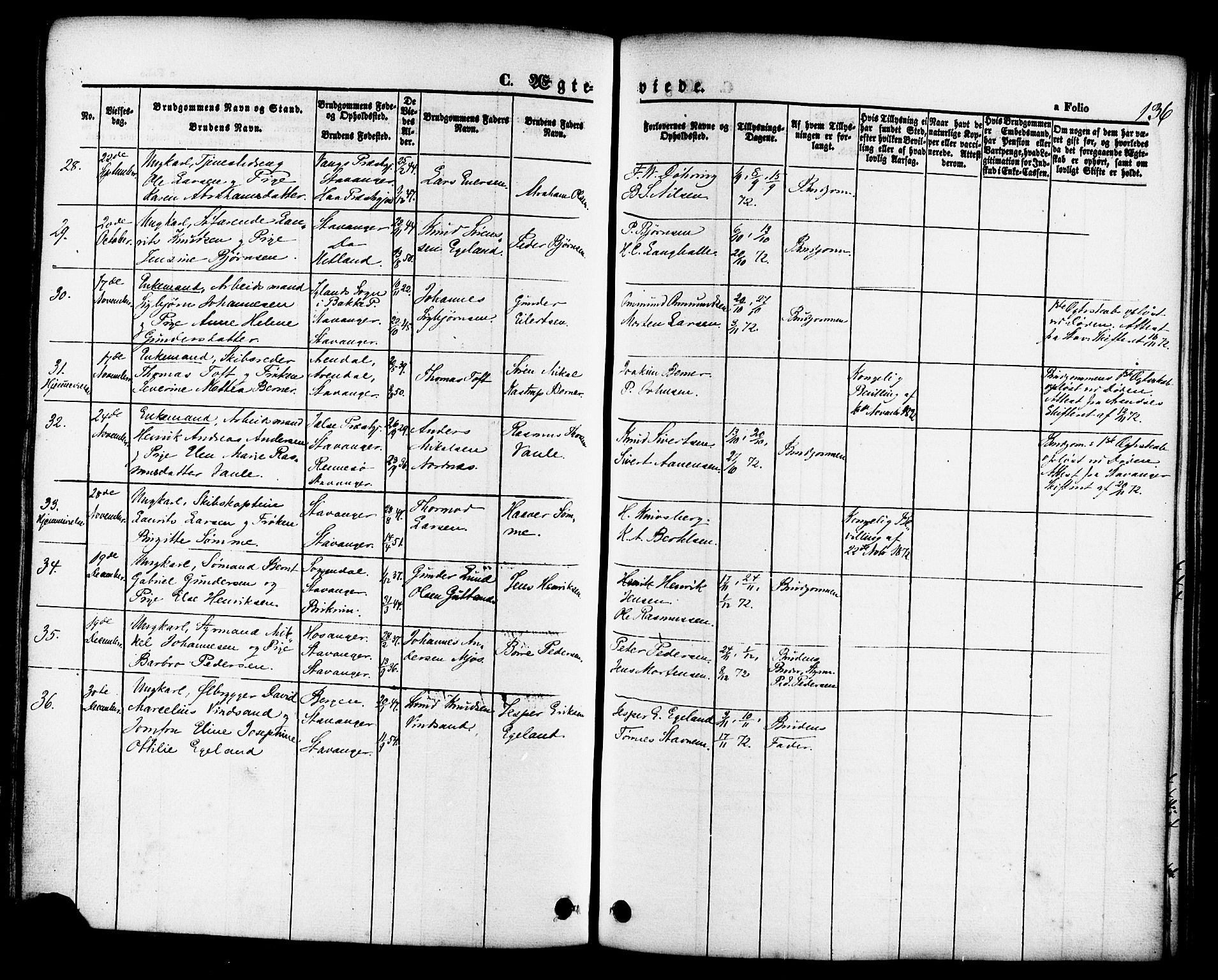 Domkirken sokneprestkontor, AV/SAST-A-101812/001/30/30BB/L0011: Klokkerbok nr. B 11, 1858-1876, s. 136