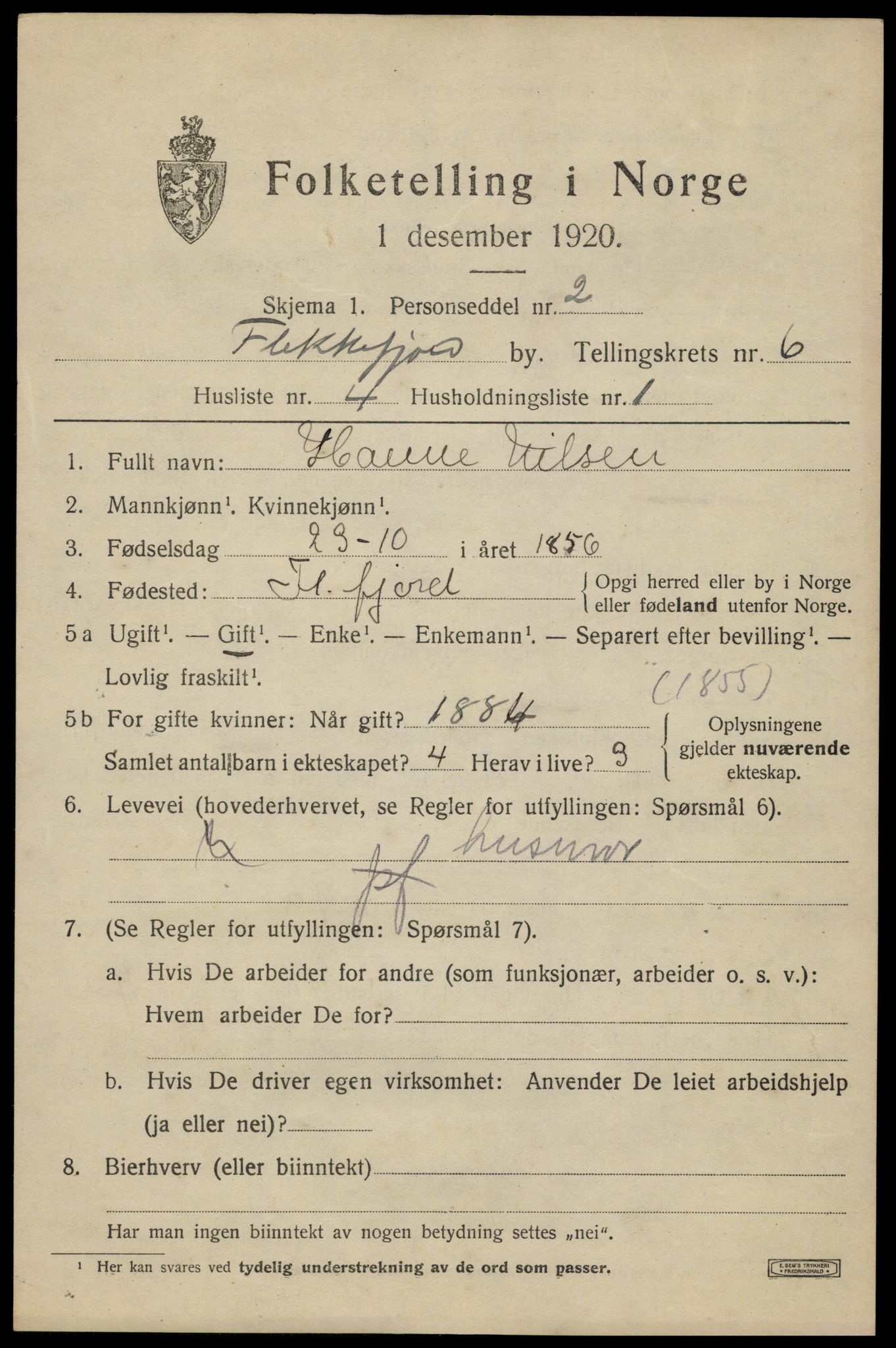 SAK, Folketelling 1920 for 1004 Flekkefjord kjøpstad, 1920, s. 5784