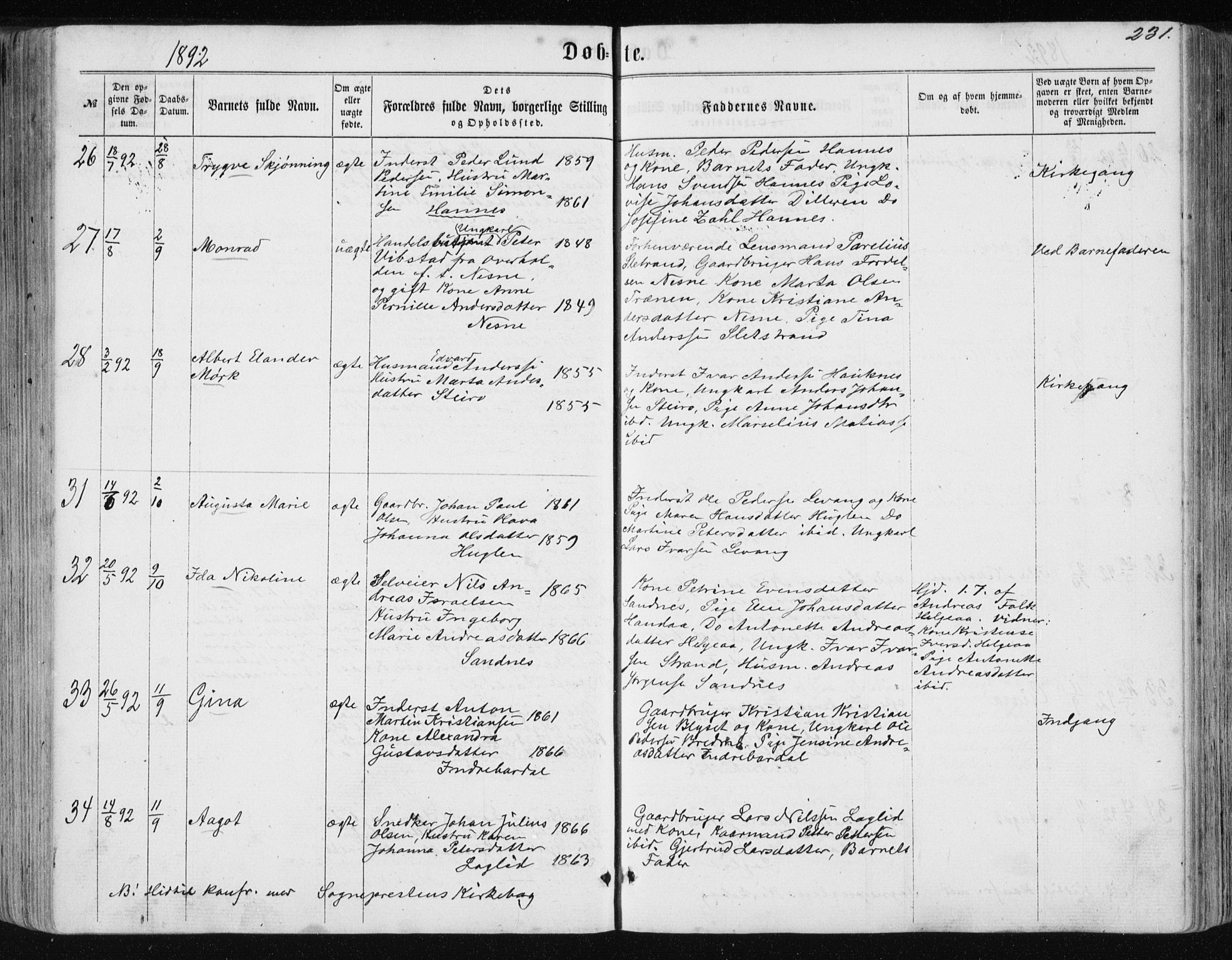 Ministerialprotokoller, klokkerbøker og fødselsregistre - Nordland, AV/SAT-A-1459/838/L0556: Klokkerbok nr. 838C03, 1861-1893, s. 231