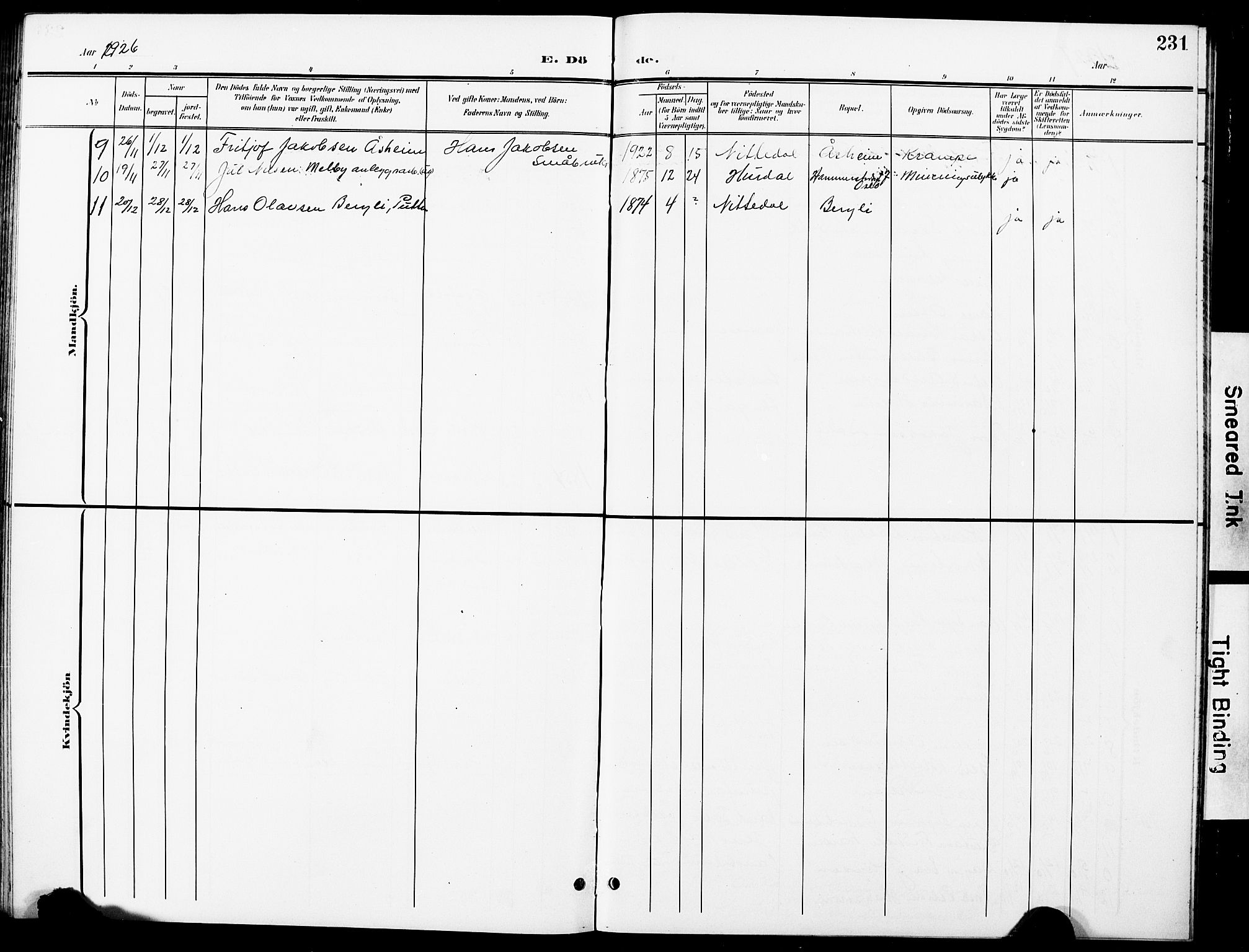 Nittedal prestekontor Kirkebøker, AV/SAO-A-10365a/G/Ga/L0003: Klokkerbok nr. I 3, 1902-1929, s. 231