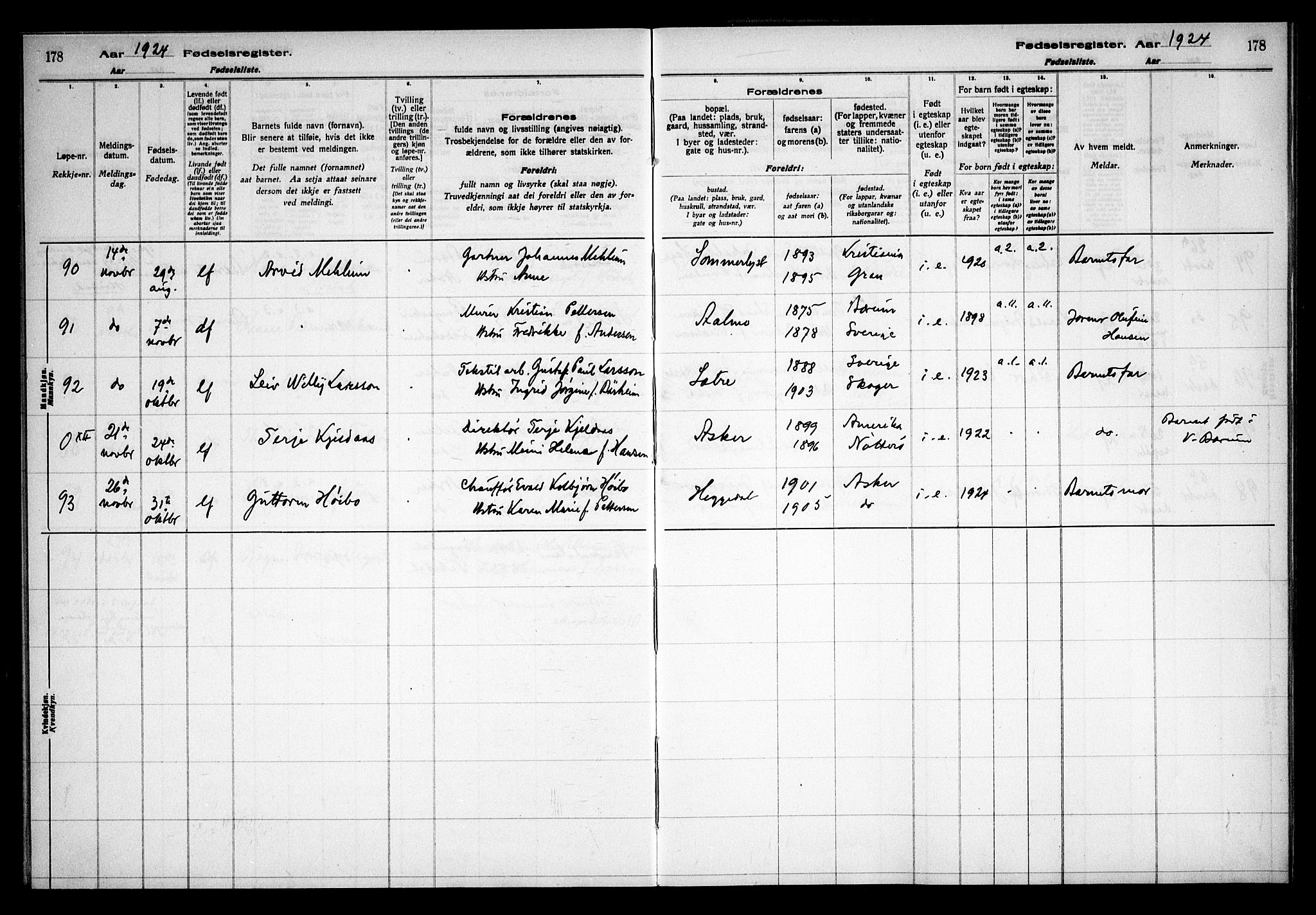 Asker prestekontor Kirkebøker, AV/SAO-A-10256a/J/L0001: Fødselsregister nr. 1, 1916-1925, s. 178
