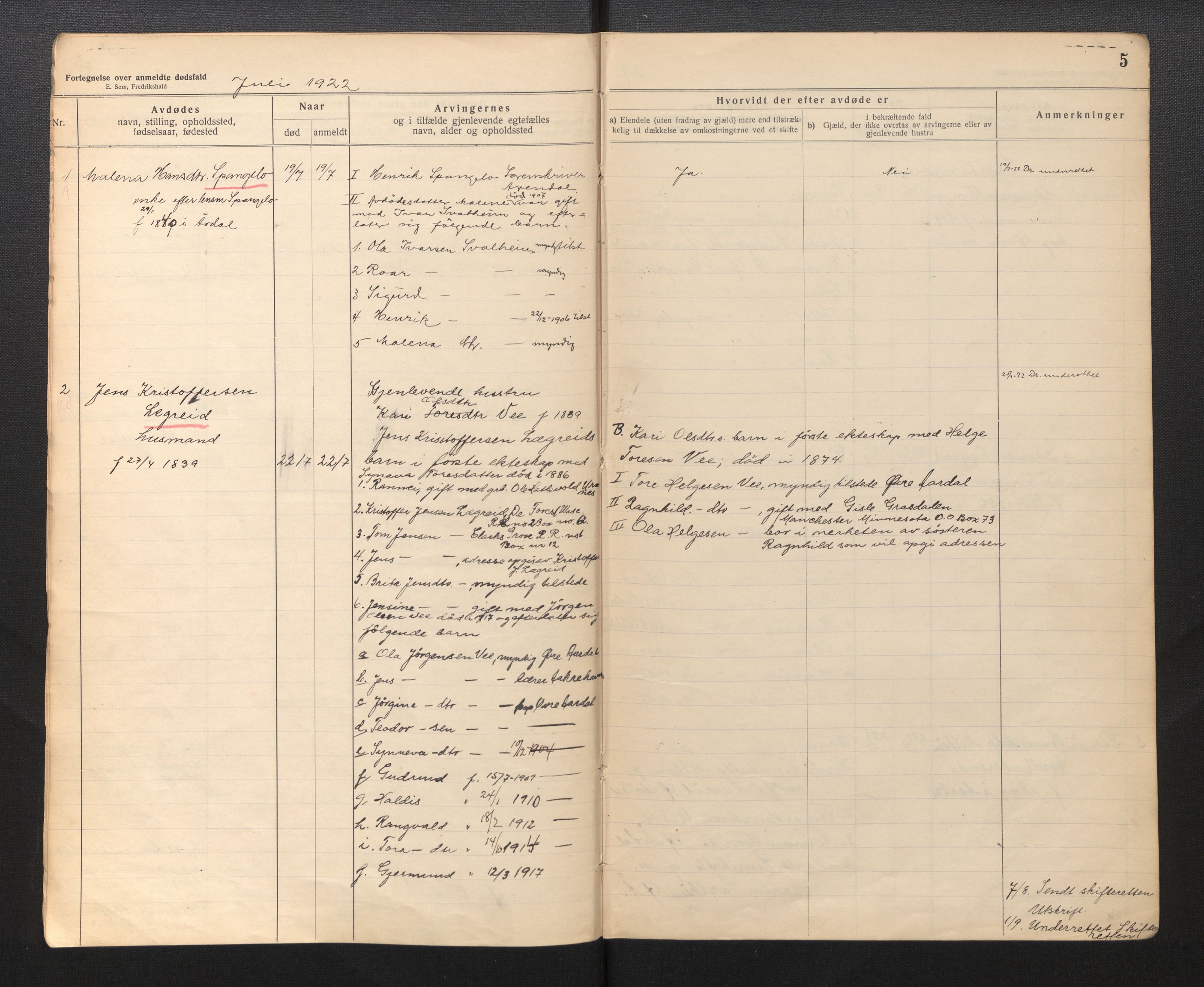 Lensmannen i Årdal, AV/SAB-A-30501/0006/L0002: Dødsfallprotokoll, 1921-1950, s. 5